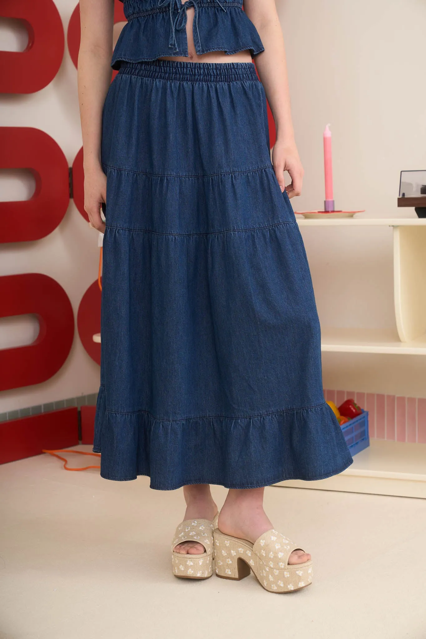 ELASTIC HIGH WAIST TIERED DENIM MIDI SKIRT sold by Blu Pepper product image thumbnail 4