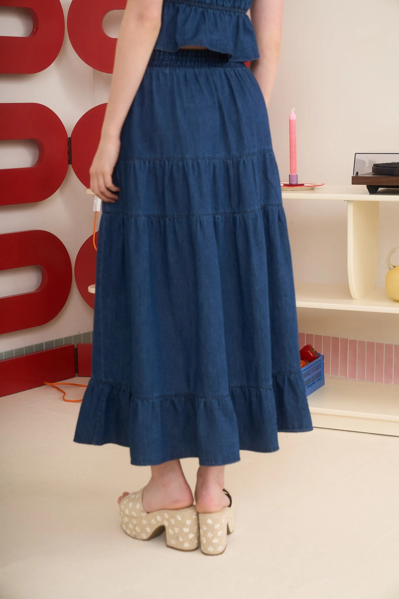 ELASTIC HIGH WAIST TIERED DENIM MIDI SKIRT sold by Blu Pepper product image thumbnail 2