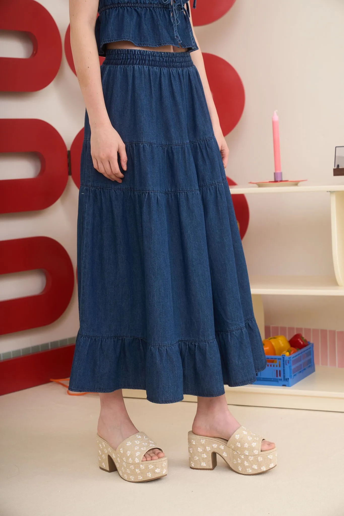 ELASTIC HIGH WAIST TIERED DENIM MIDI SKIRT sold by Blu Pepper product image thumbnail 3