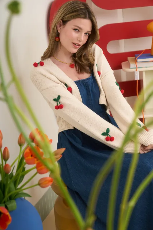 CROCHET CHERRY DETAIL OPEN FRONT KNIT CARDIGAN sold by Blu Pepper