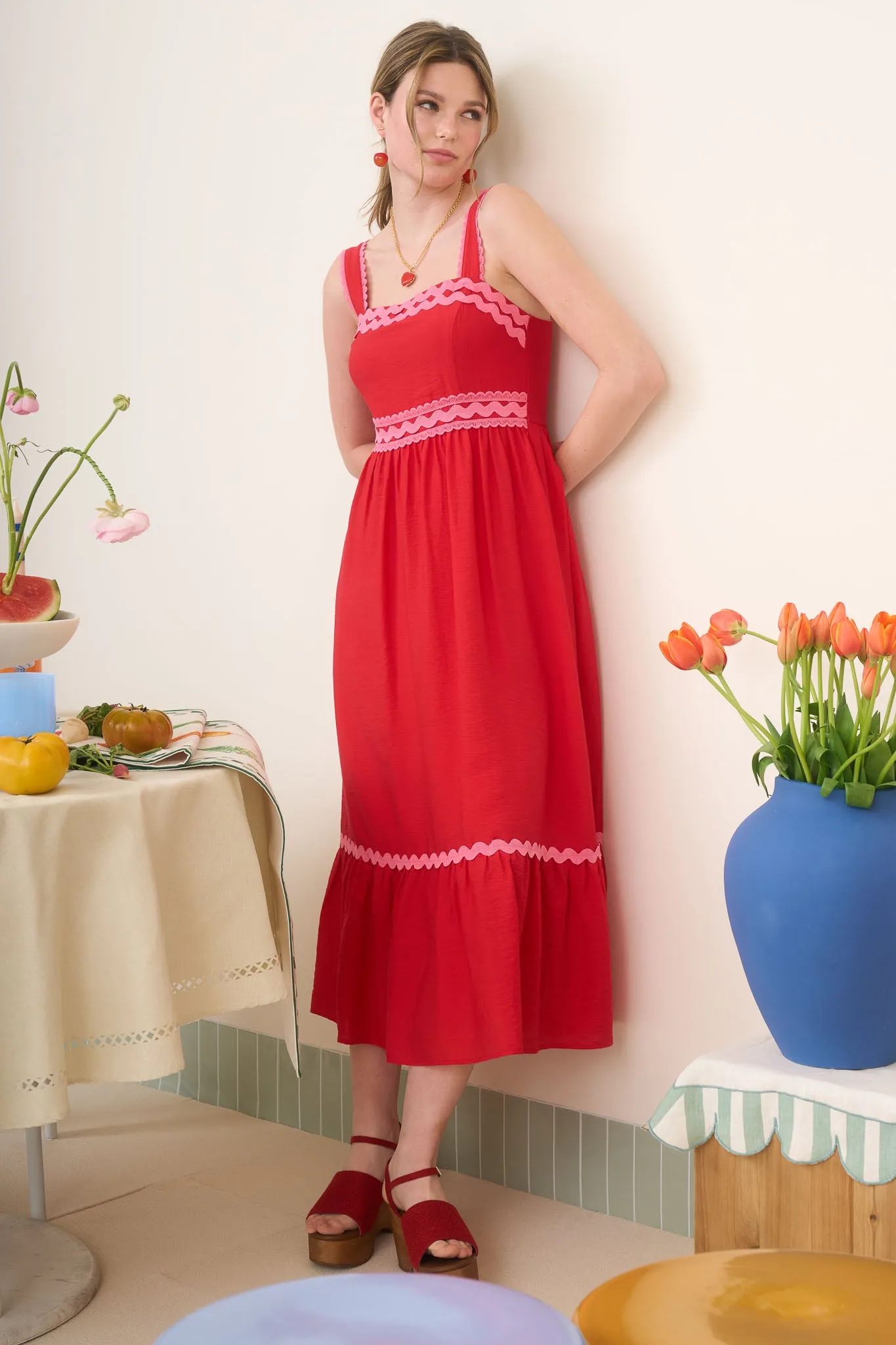 SQUARE NECK WAVE SCALLOP TRIM MIDI DRESS sold by Blu Pepper