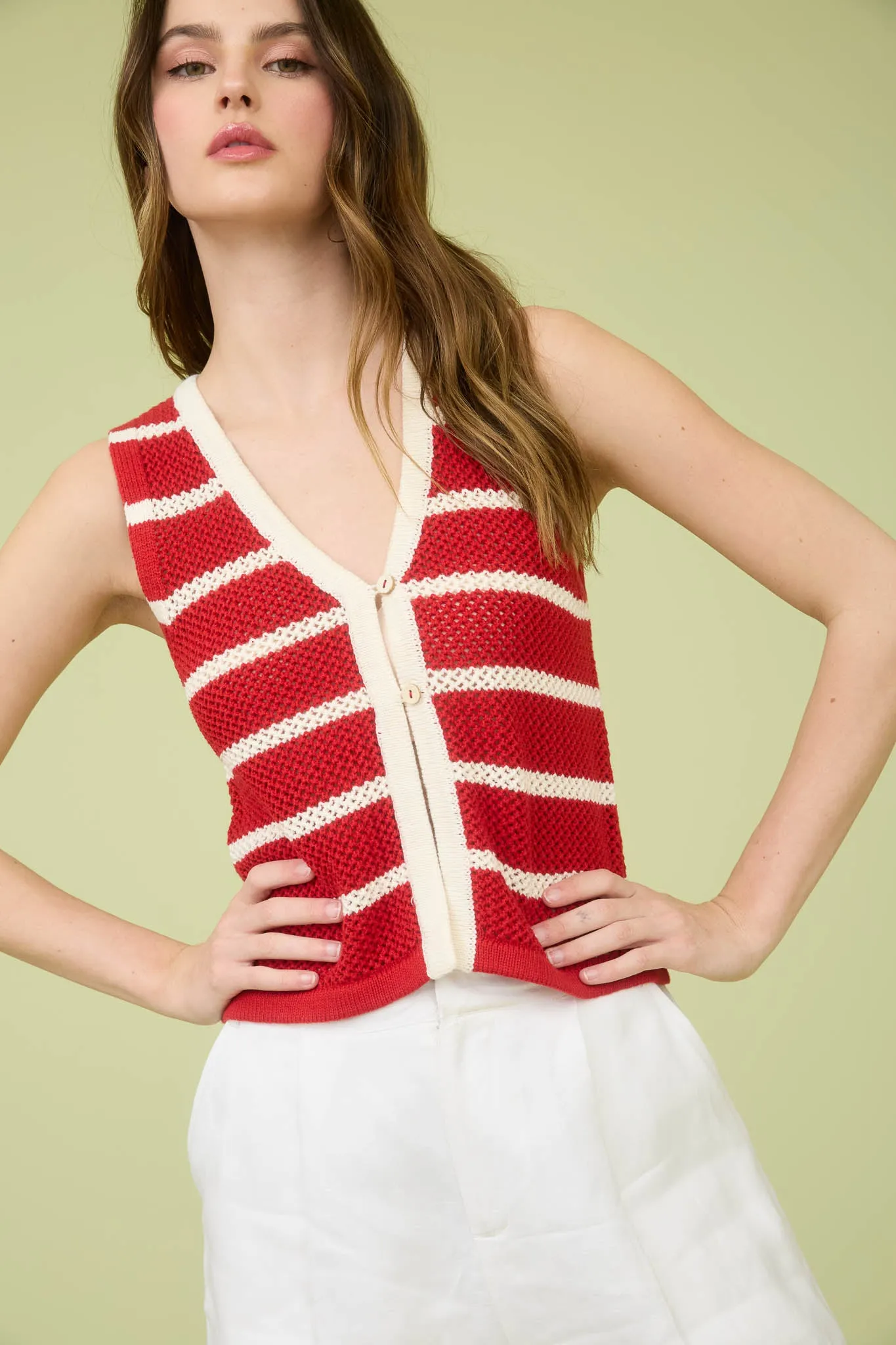 STRIPE V NECK BUTTON FRONT SPLIT HEM KNIT VEST sold by Blu Pepper product image thumbnail 5