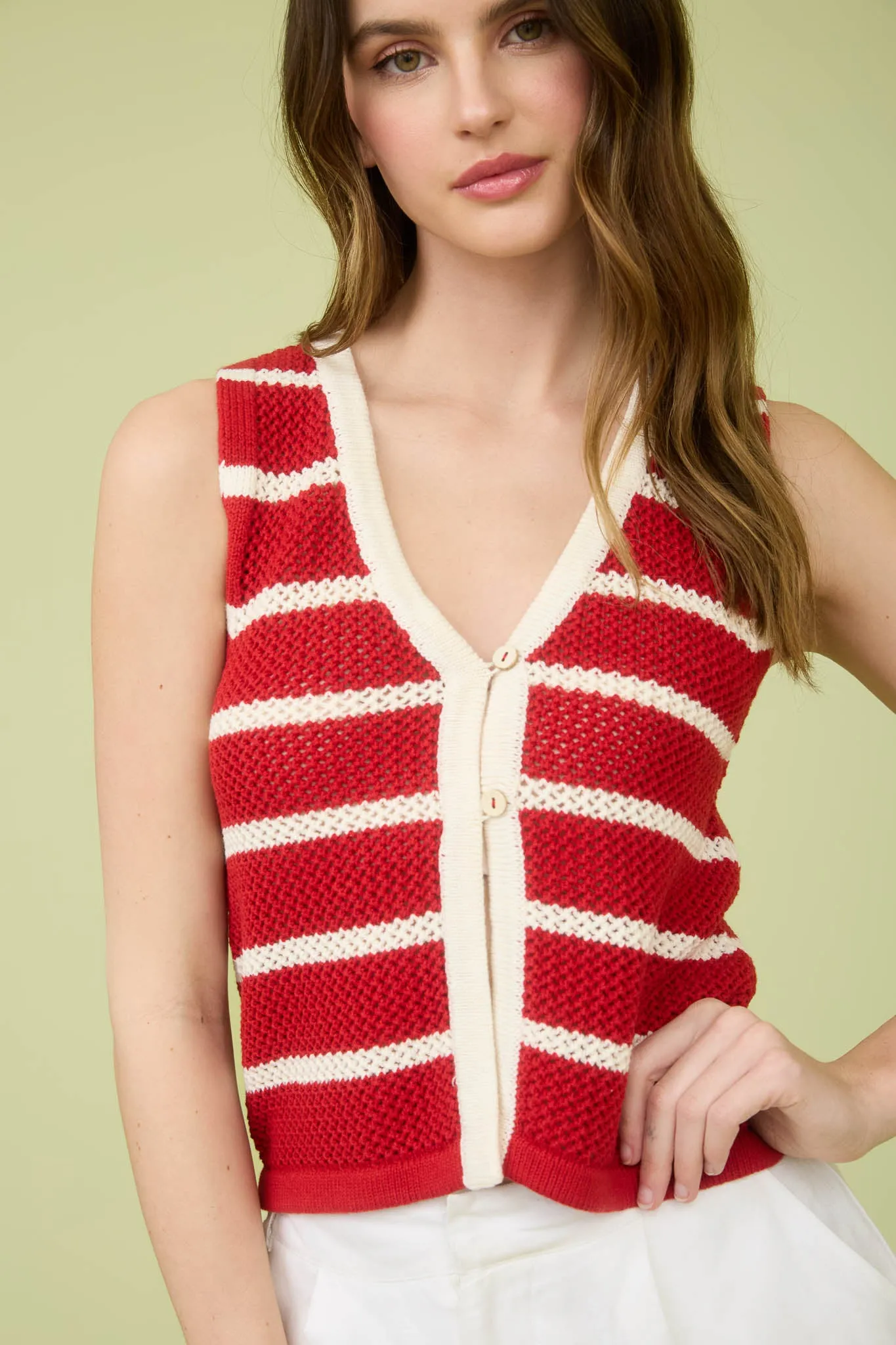 STRIPE V NECK BUTTON FRONT SPLIT HEM KNIT VEST sold by Blu Pepper product image thumbnail 4