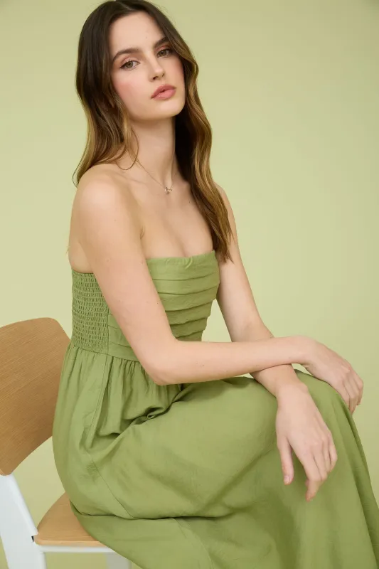 PLEATED BODICE STRAPLESS MIDI SUNDRESS sold by Blu Pepper