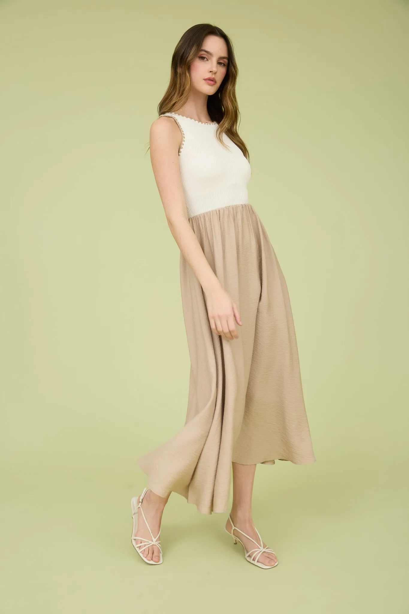 CONTRAST TRIM SLEEVELESS MIXED MEDIA MIDI DRESS sold by Blu Pepper product image thumbnail 3