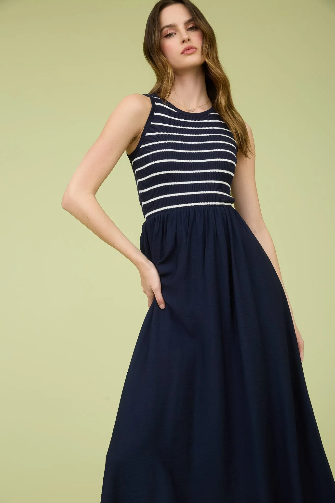 STRIPE TANK SLEEVELESS MIXED MEDIA MIDI DRESS sold by Blu Pepper