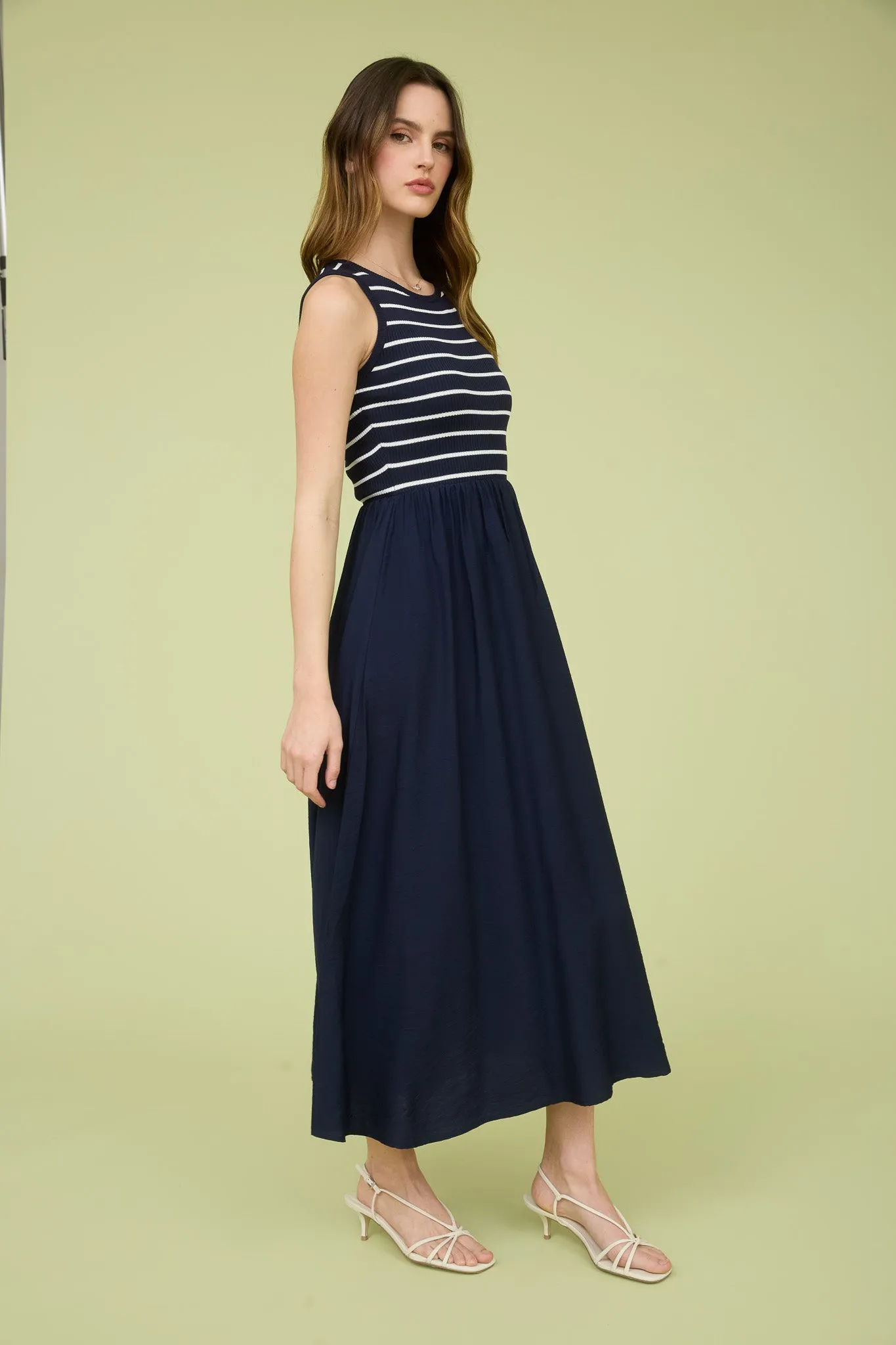 STRIPE TANK SLEEVELESS MIXED MEDIA MIDI DRESS sold by Blu Pepper product image thumbnail 3
