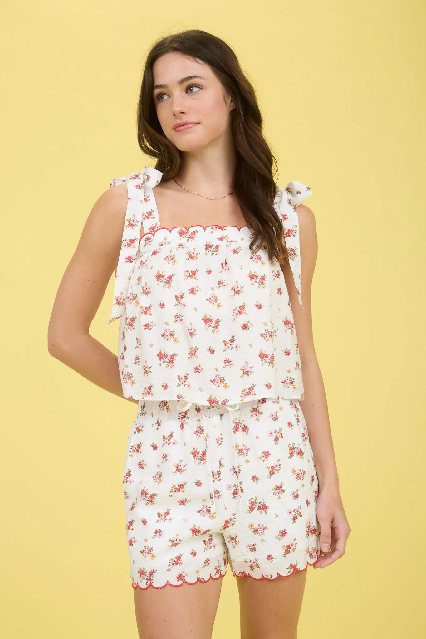 FLORAL CONTRAST SCALLOP TRIM TIE STRAP BLOUSE sold by Blu Pepper product image thumbnail 5