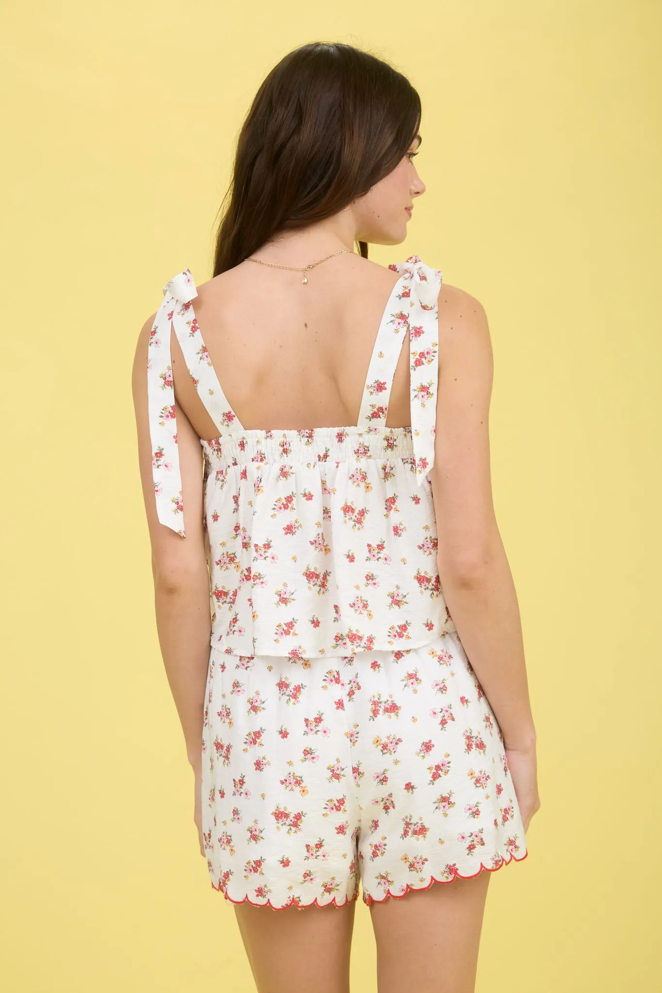 FLORAL CONTRAST SCALLOP TRIM TIE STRAP BLOUSE sold by Blu Pepper product image thumbnail 2