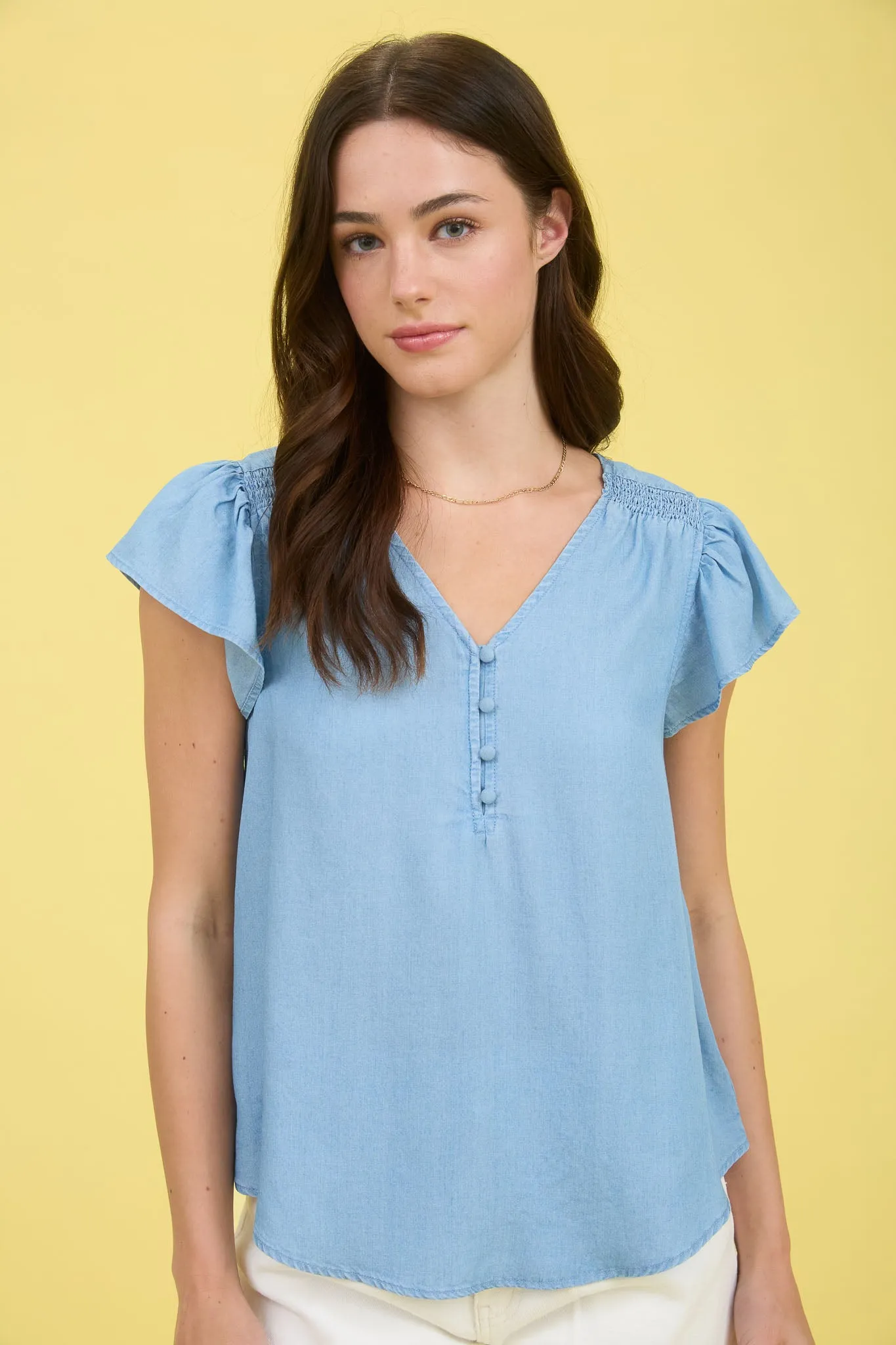 V NECK HALF BUTTON RUFFLE SLEEVE CHAMBRAY TOP sold by Blu Pepper product image thumbnail 5