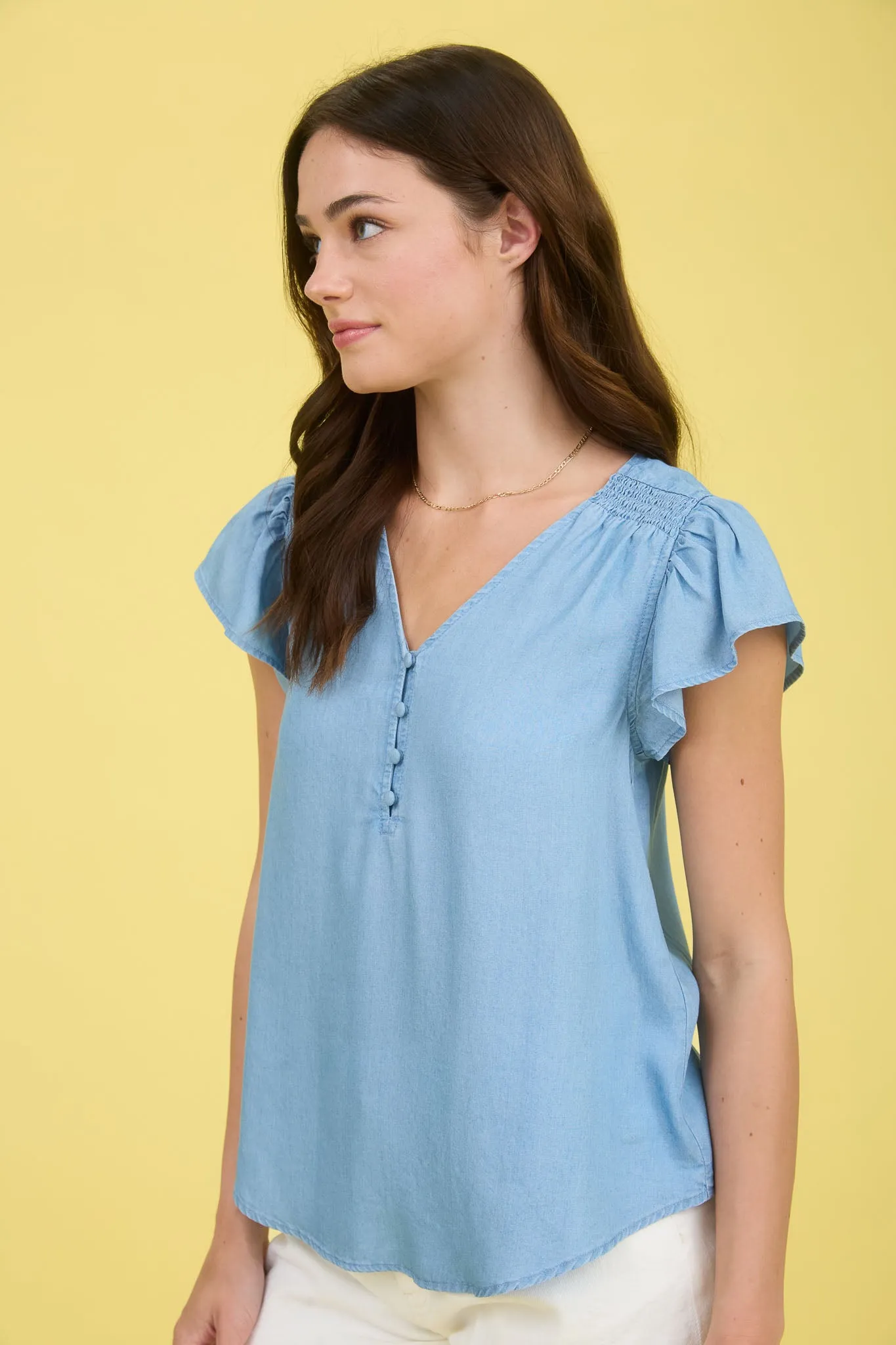 V NECK HALF BUTTON RUFFLE SLEEVE CHAMBRAY TOP sold by Blu Pepper product image thumbnail 3