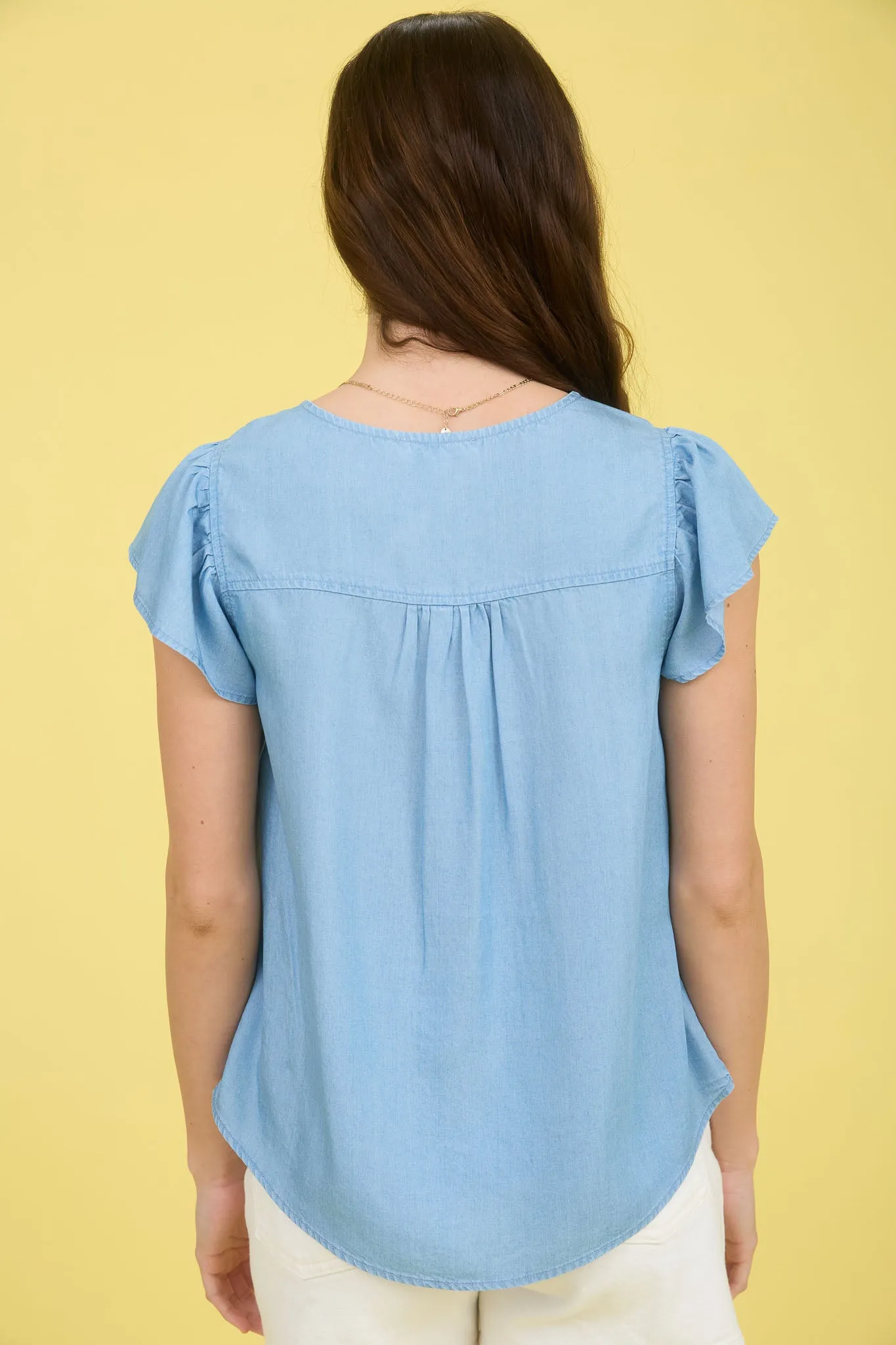 V NECK HALF BUTTON RUFFLE SLEEVE CHAMBRAY TOP sold by Blu Pepper product image thumbnail 2