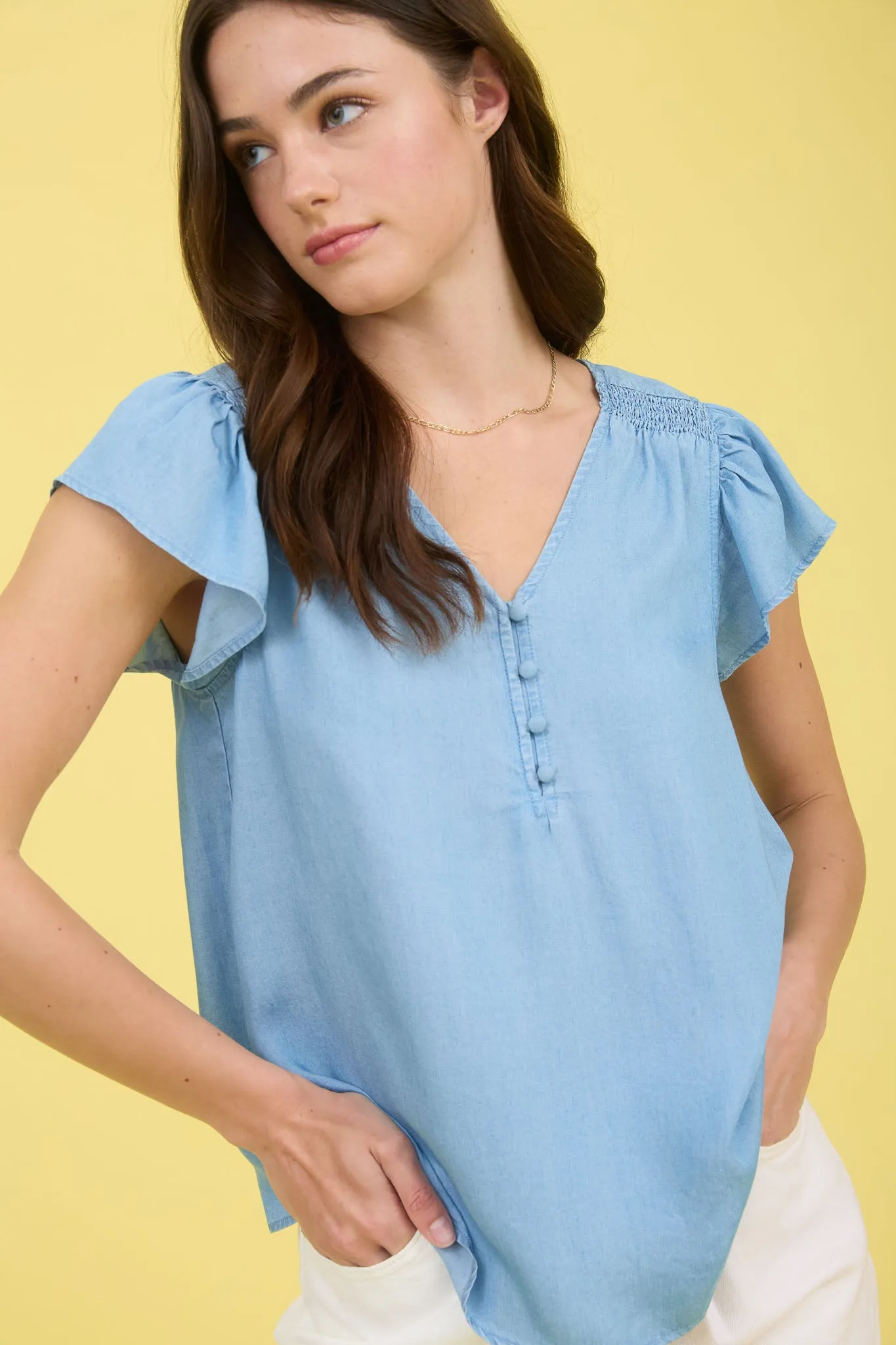 V NECK HALF BUTTON RUFFLE SLEEVE CHAMBRAY TOP sold by Blu Pepper product image thumbnail 4