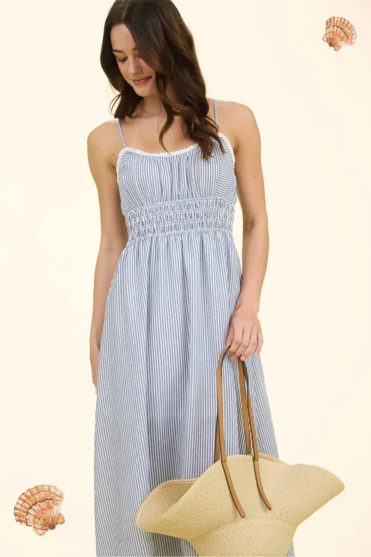 STRIPE LACE TRIM SPAGHETTI STRAP MIDI DRESS sold by Blu Pepper