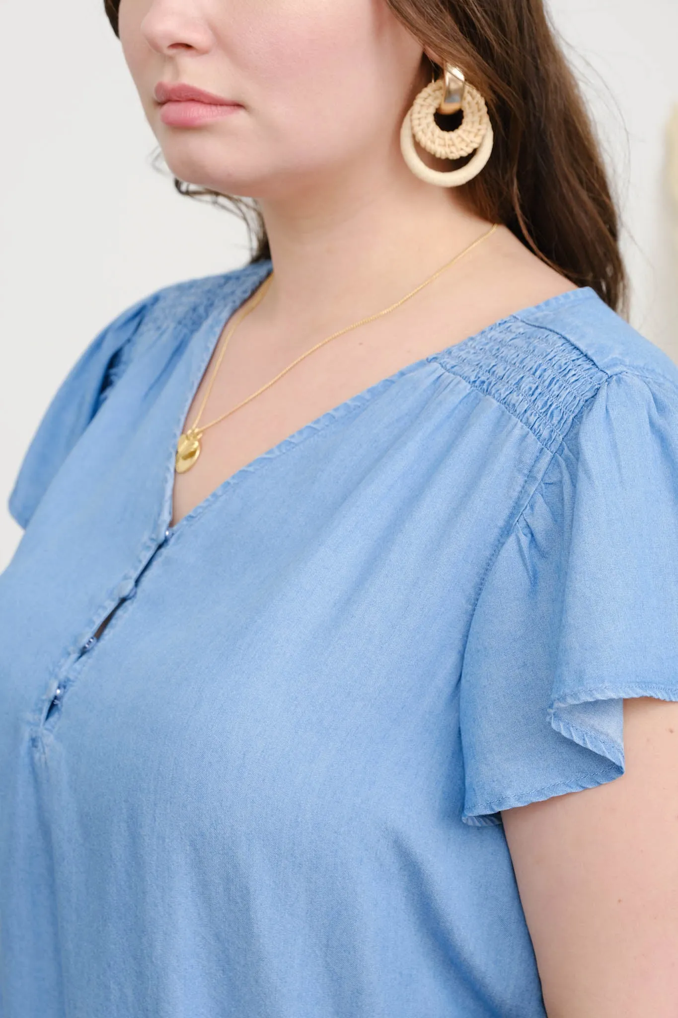PLUS V NECK HALF BUTTON RUFFLE SLEEVE CHAMBRAY TOP sold by Blu Pepper product image thumbnail 4