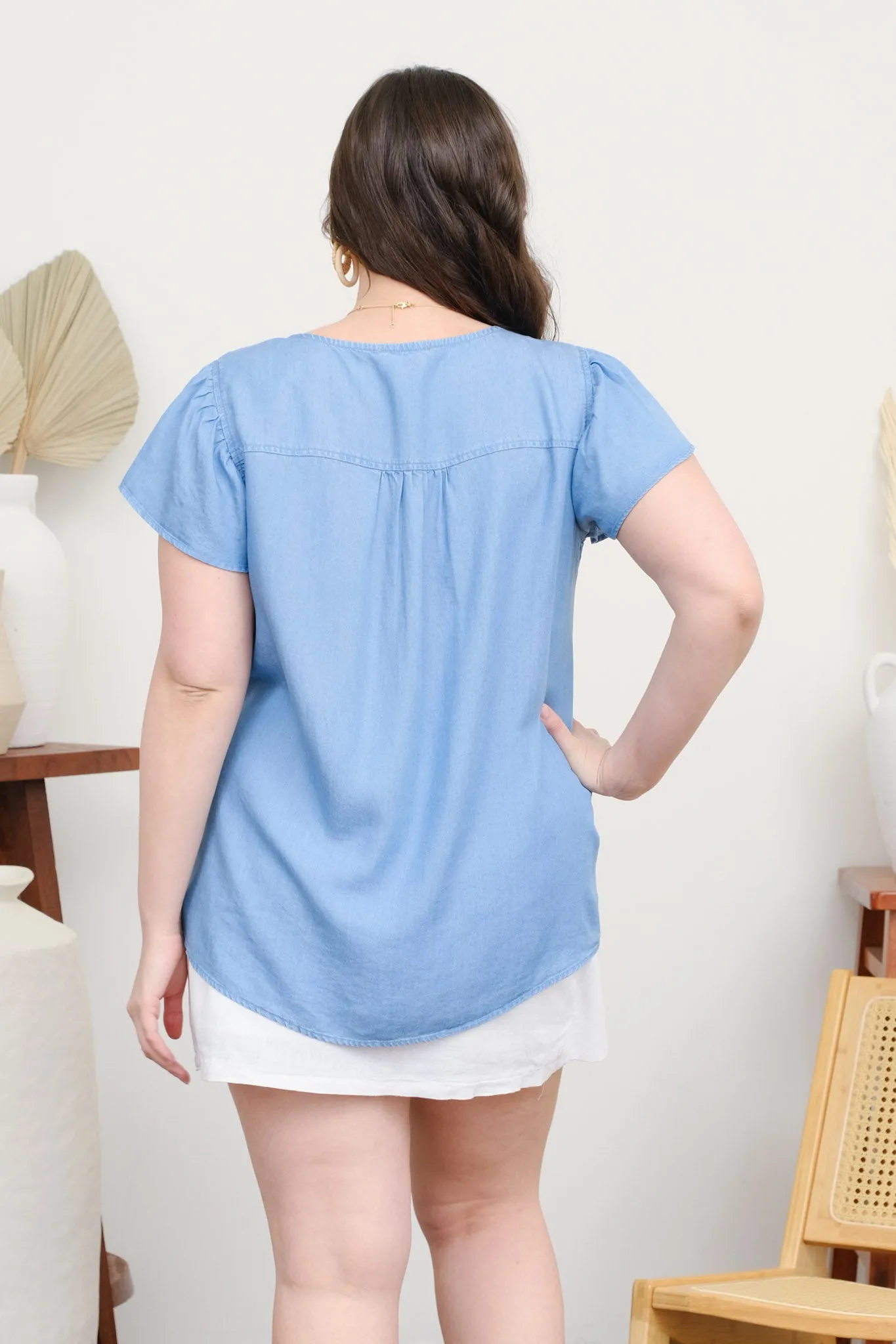 PLUS V NECK HALF BUTTON RUFFLE SLEEVE CHAMBRAY TOP sold by Blu Pepper product image thumbnail 2