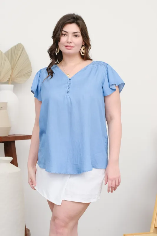 PLUS V NECK HALF BUTTON RUFFLE SLEEVE CHAMBRAY TOP sold by Blu Pepper