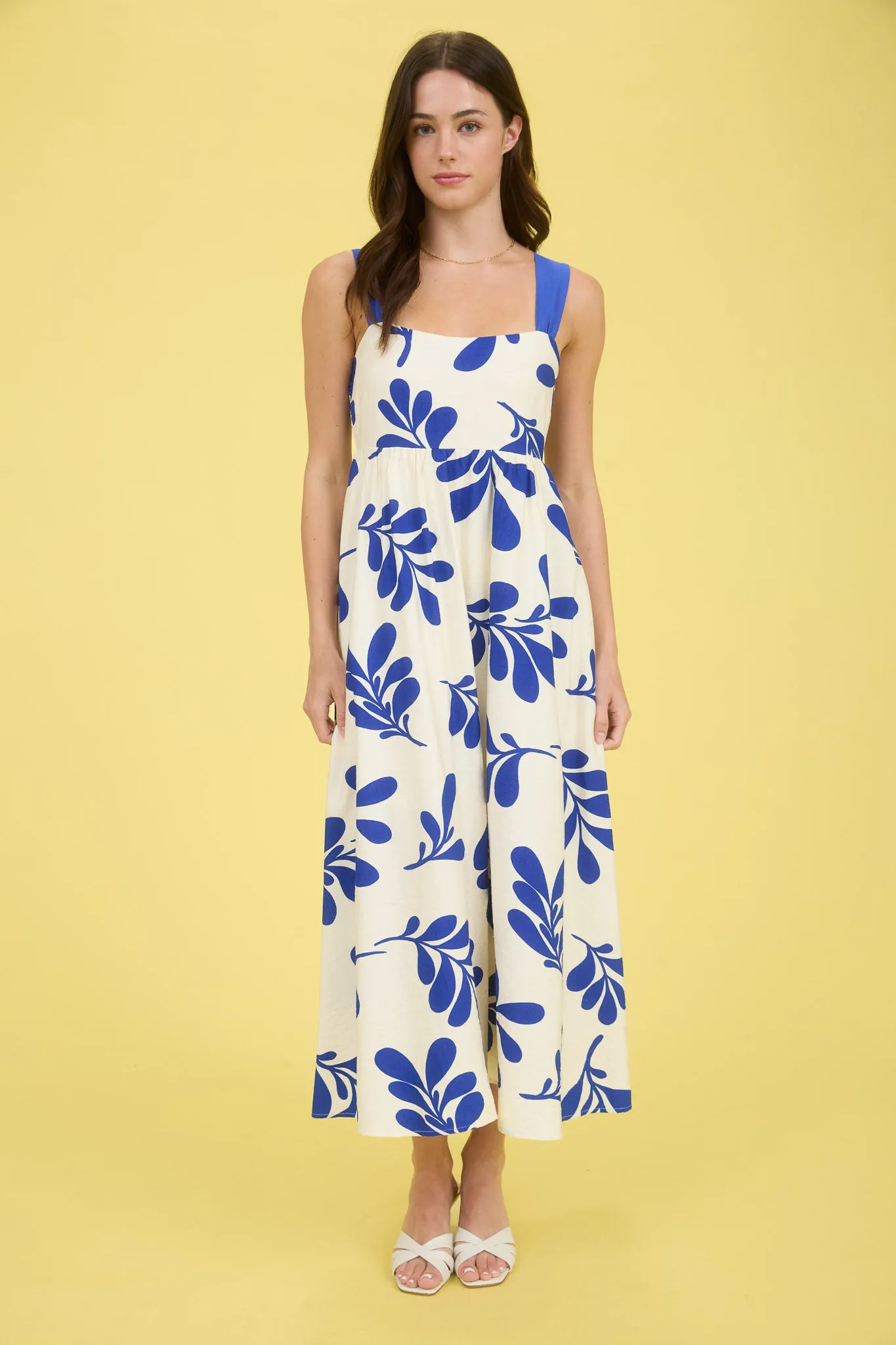 LEAF PRINT BACK TIE STRAP EMPIRE WAIST MIDI DRESS sold by Blu Pepper product image thumbnail 5