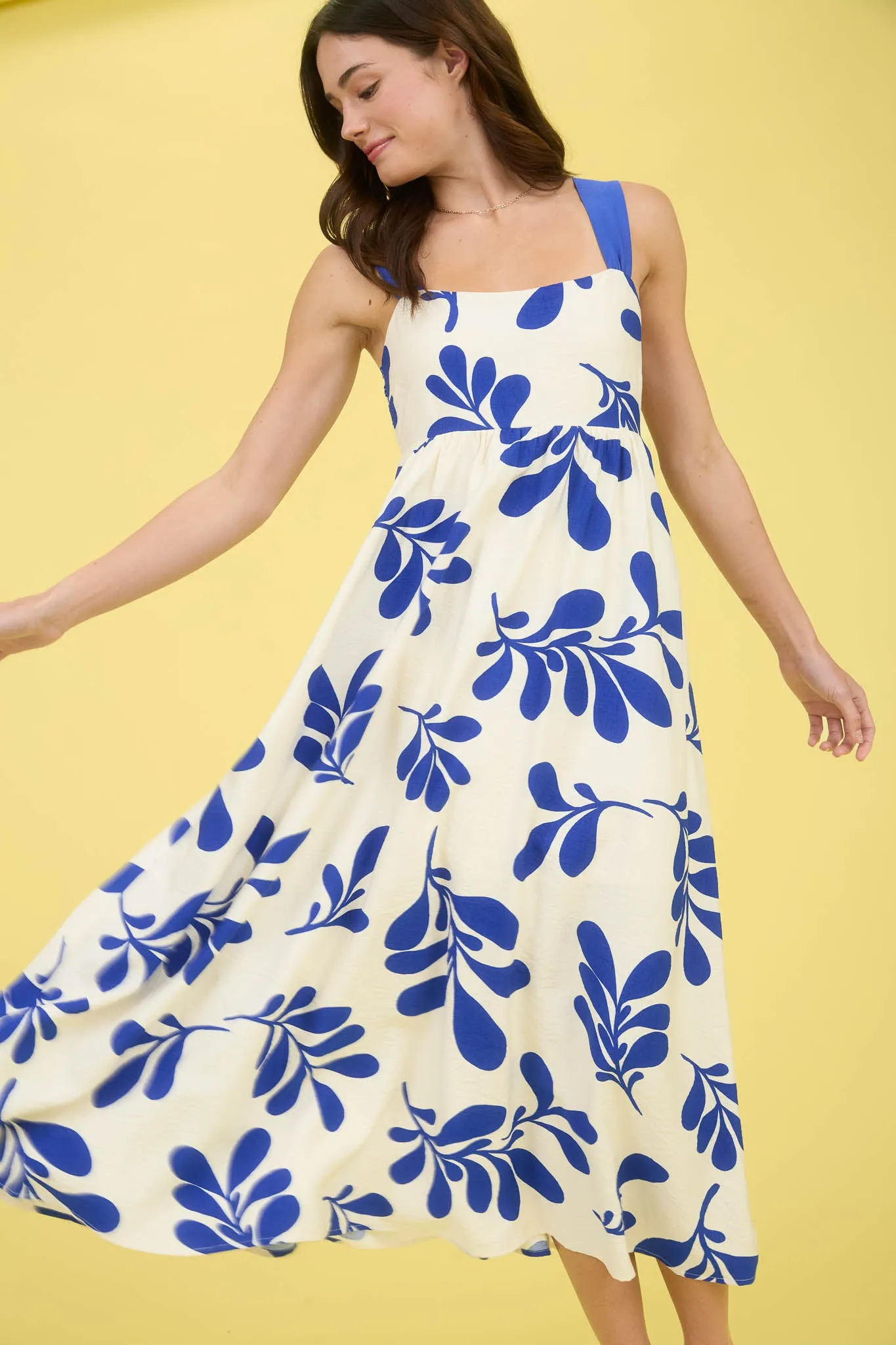LEAF PRINT BACK TIE STRAP EMPIRE WAIST MIDI DRESS sold by Blu Pepper product image thumbnail 3