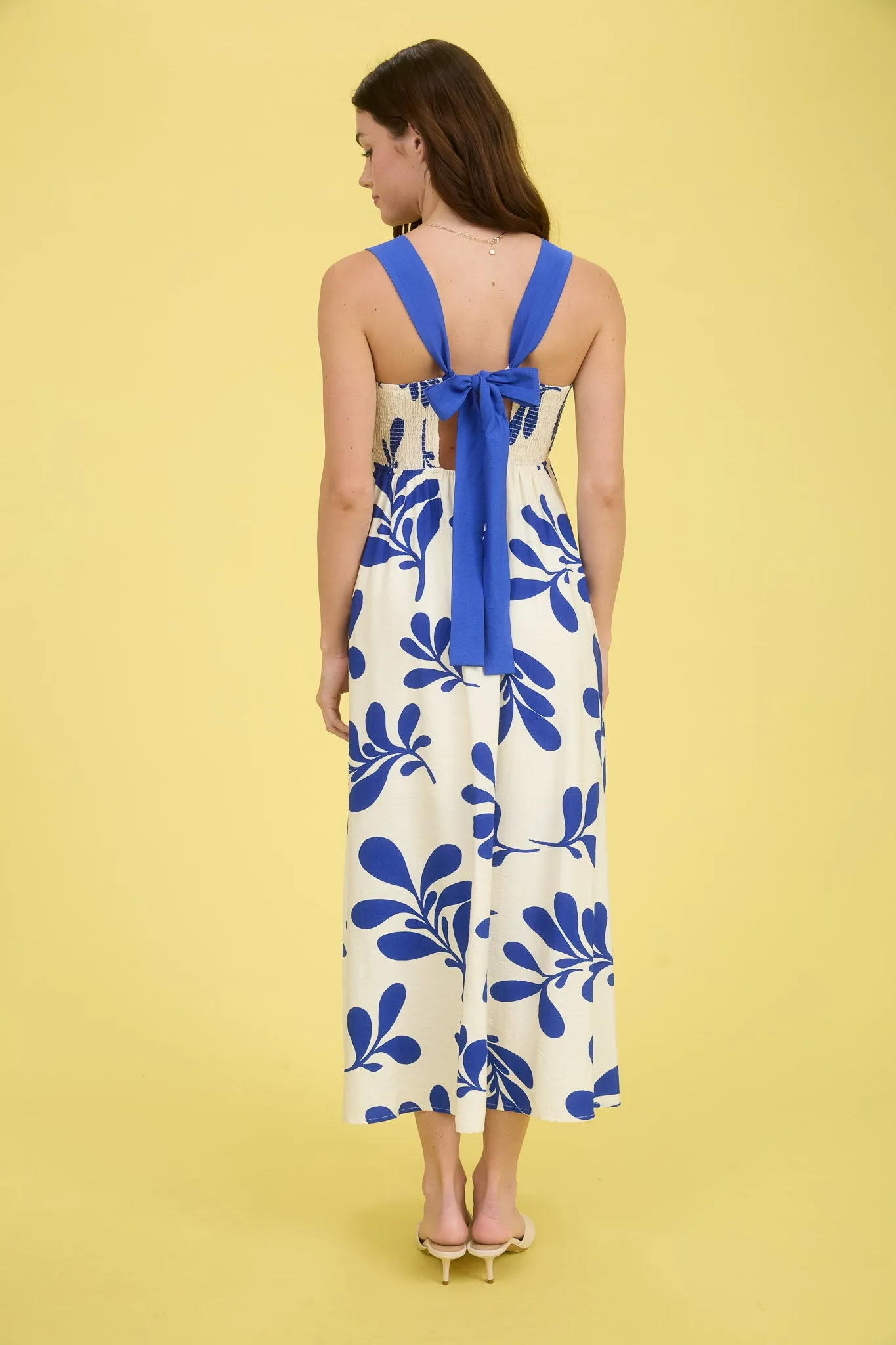 LEAF PRINT BACK TIE STRAP EMPIRE WAIST MIDI DRESS sold by Blu Pepper product image thumbnail 2