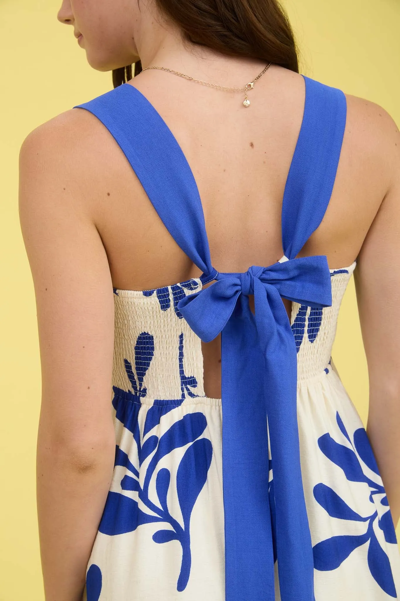 LEAF PRINT BACK TIE STRAP EMPIRE WAIST MIDI DRESS sold by Blu Pepper product image thumbnail 4