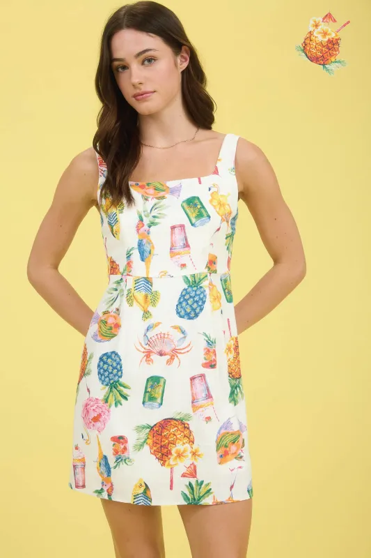TROPICAL SUMMER PRINT SLEEVELESS LINEN MINI DRESS sold by Blu Pepper