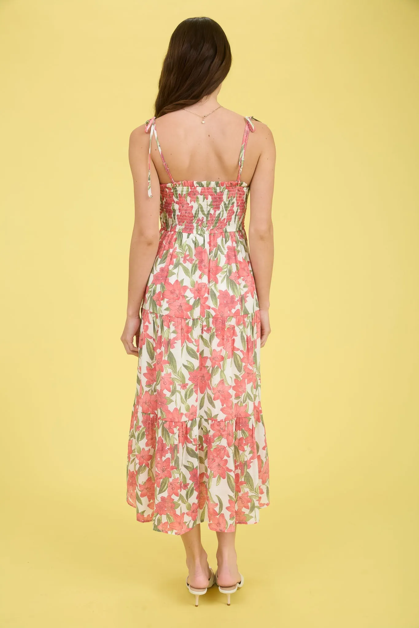 FLORAL SMOCKED SPAGHETTI TIE TIERED MIDI DRESS sold by Blu Pepper product image thumbnail 2