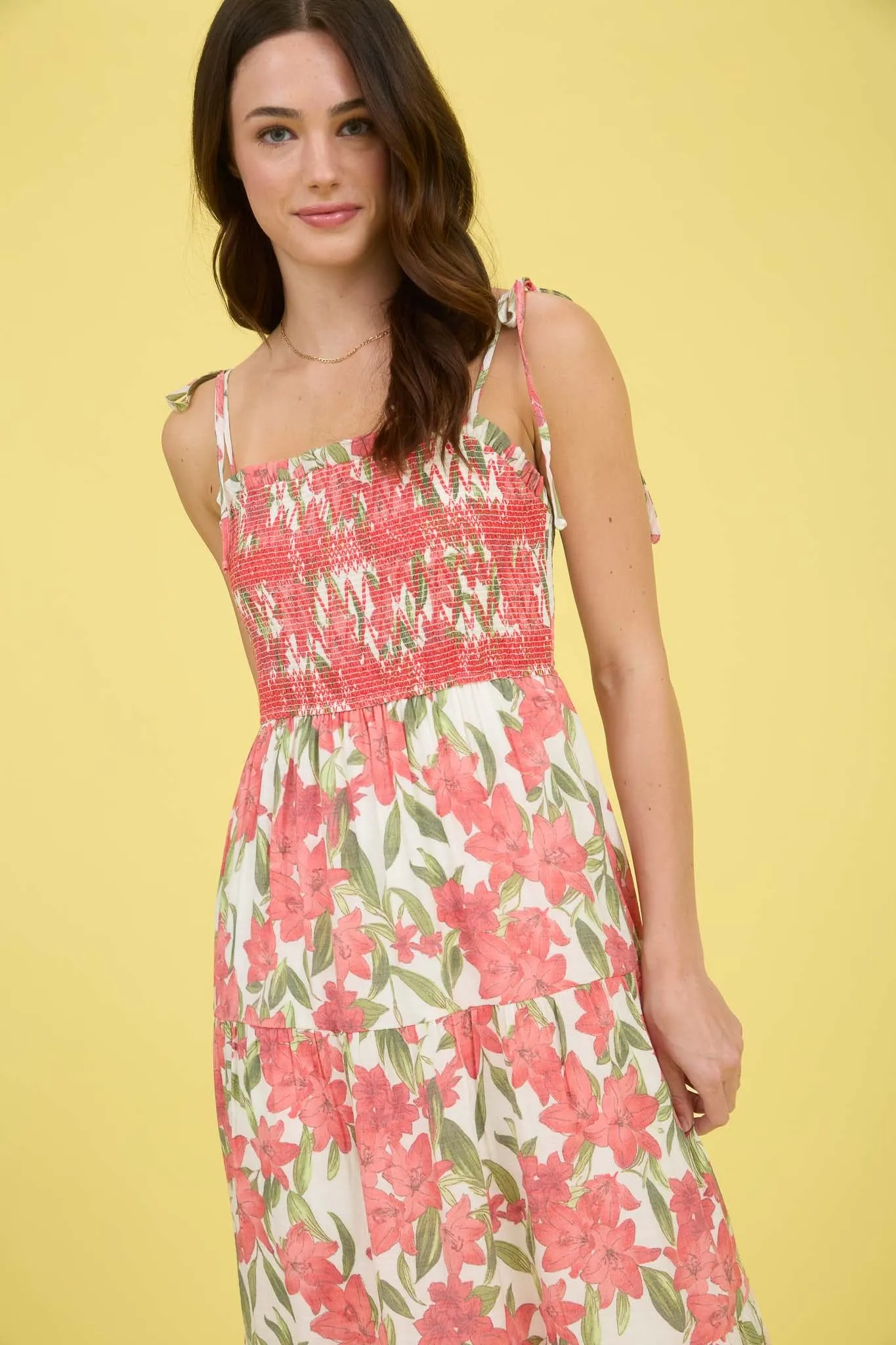 FLORAL SMOCKED SPAGHETTI TIE TIERED MIDI DRESS sold by Blu Pepper product image thumbnail 4