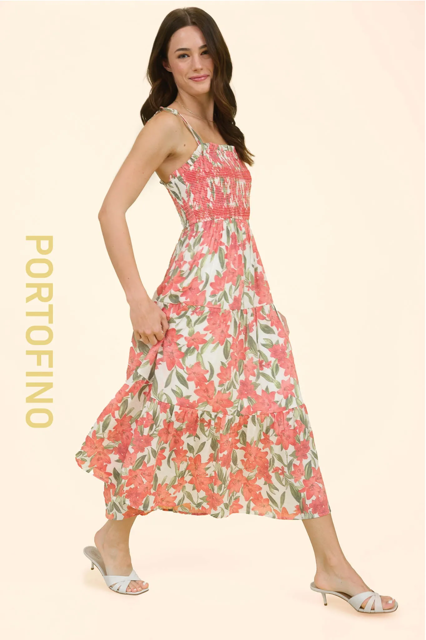 FLORAL SMOCKED SPAGHETTI TIE TIERED MIDI DRESS sold by Blu Pepper