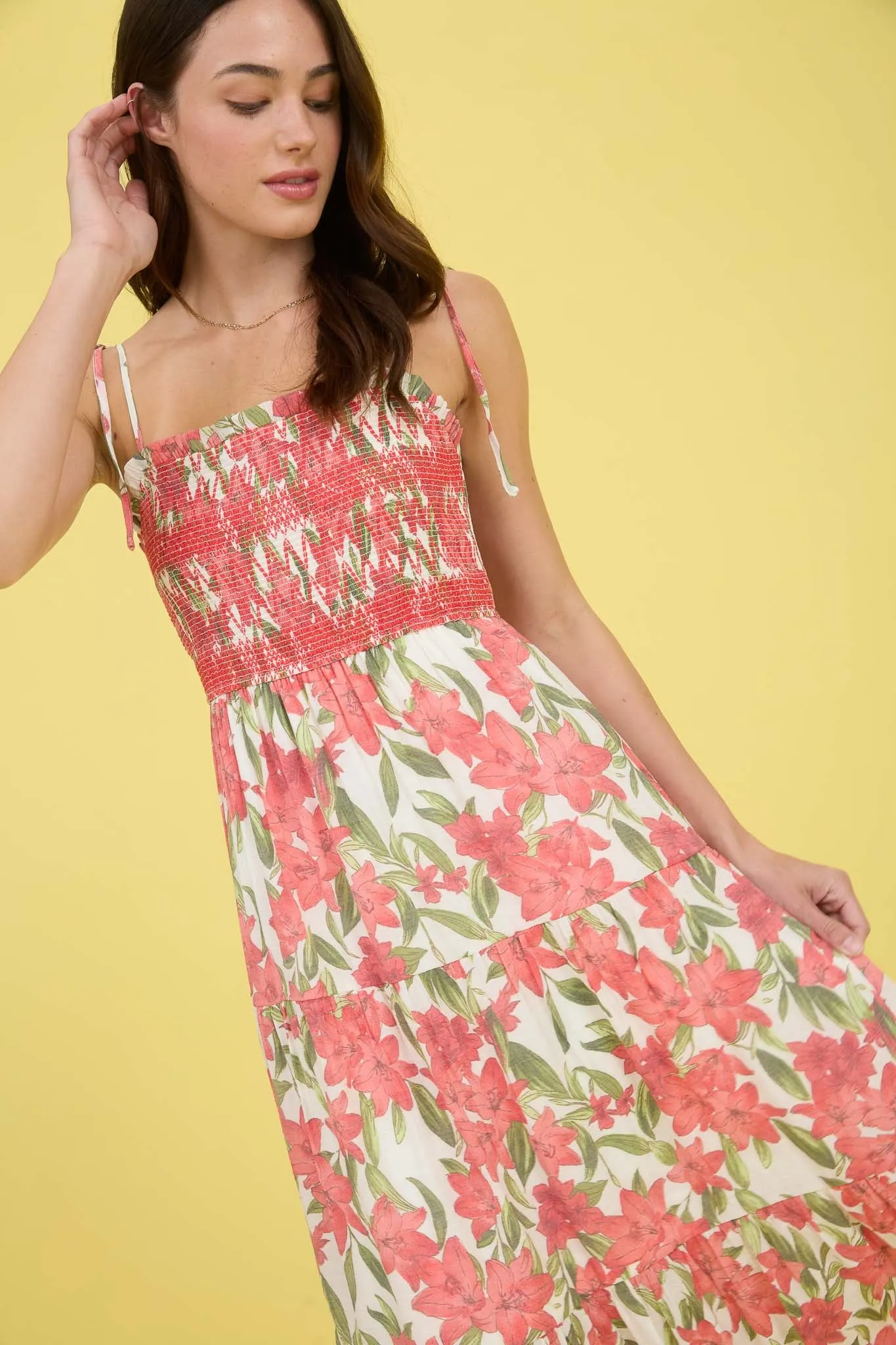 FLORAL SMOCKED SPAGHETTI TIE TIERED MIDI DRESS sold by Blu Pepper product image thumbnail 5