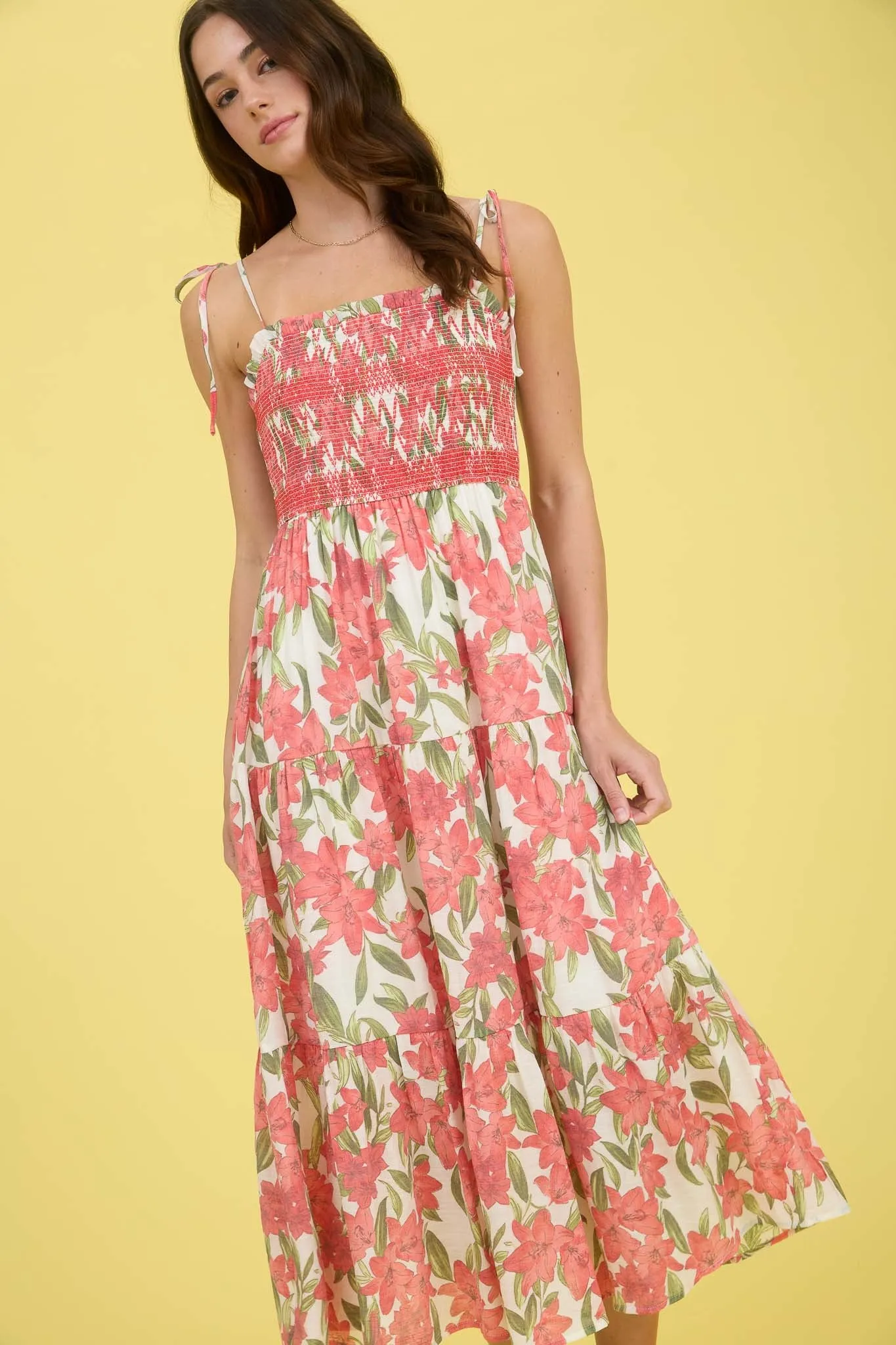 FLORAL SMOCKED SPAGHETTI TIE TIERED MIDI DRESS sold by Blu Pepper product image thumbnail 3