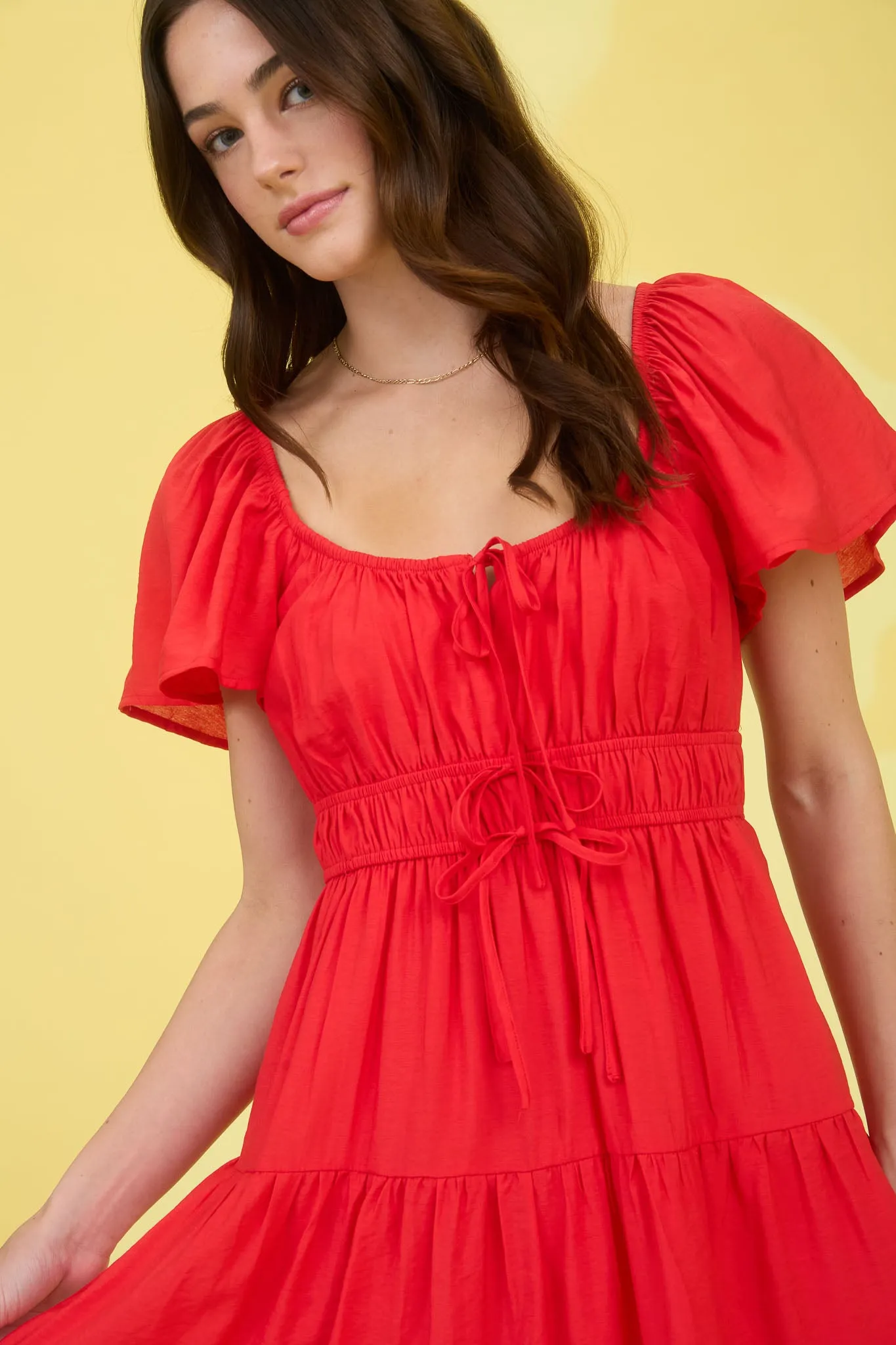 FRONT TIE STRAP SHORT SLEEVE TIERED MINI DRESS sold by Blu Pepper product image thumbnail 4