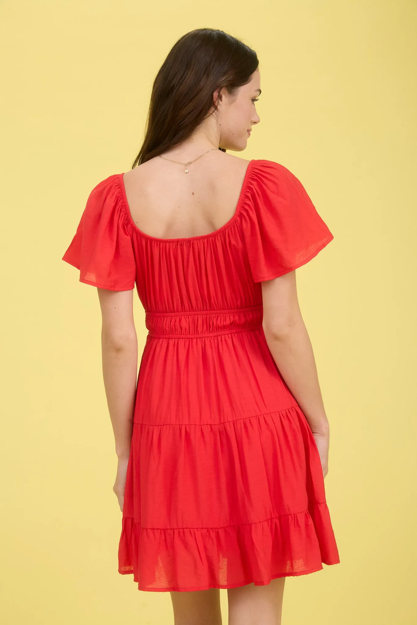 FRONT TIE STRAP SHORT SLEEVE TIERED MINI DRESS sold by Blu Pepper product image thumbnail 2