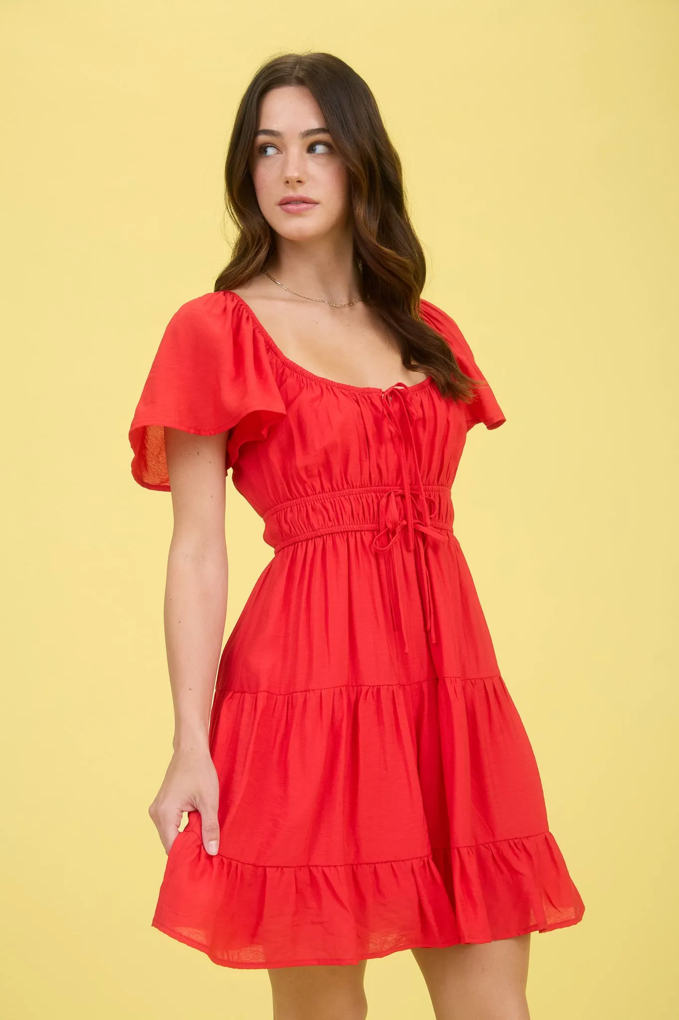 FRONT TIE STRAP SHORT SLEEVE TIERED MINI DRESS sold by Blu Pepper product image thumbnail 3