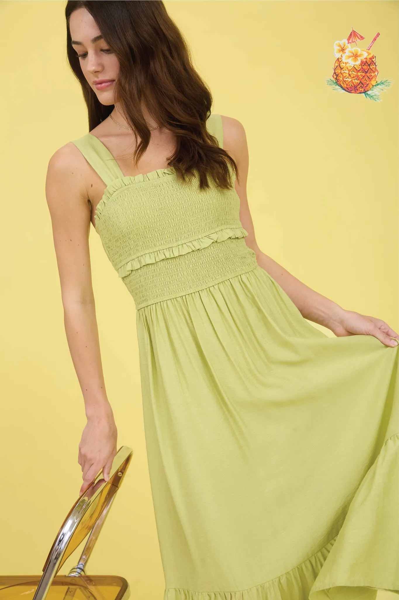 SMOCKED RUFFLE DETAIL SLEEVELESS MIDI DRESS sold by Blu Pepper