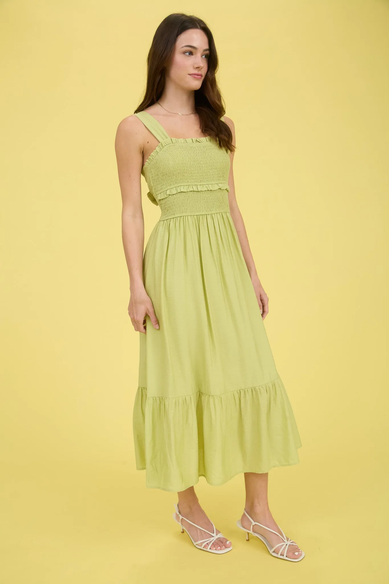 SMOCKED RUFFLE DETAIL SLEEVELESS MIDI DRESS sold by Blu Pepper product image thumbnail 3