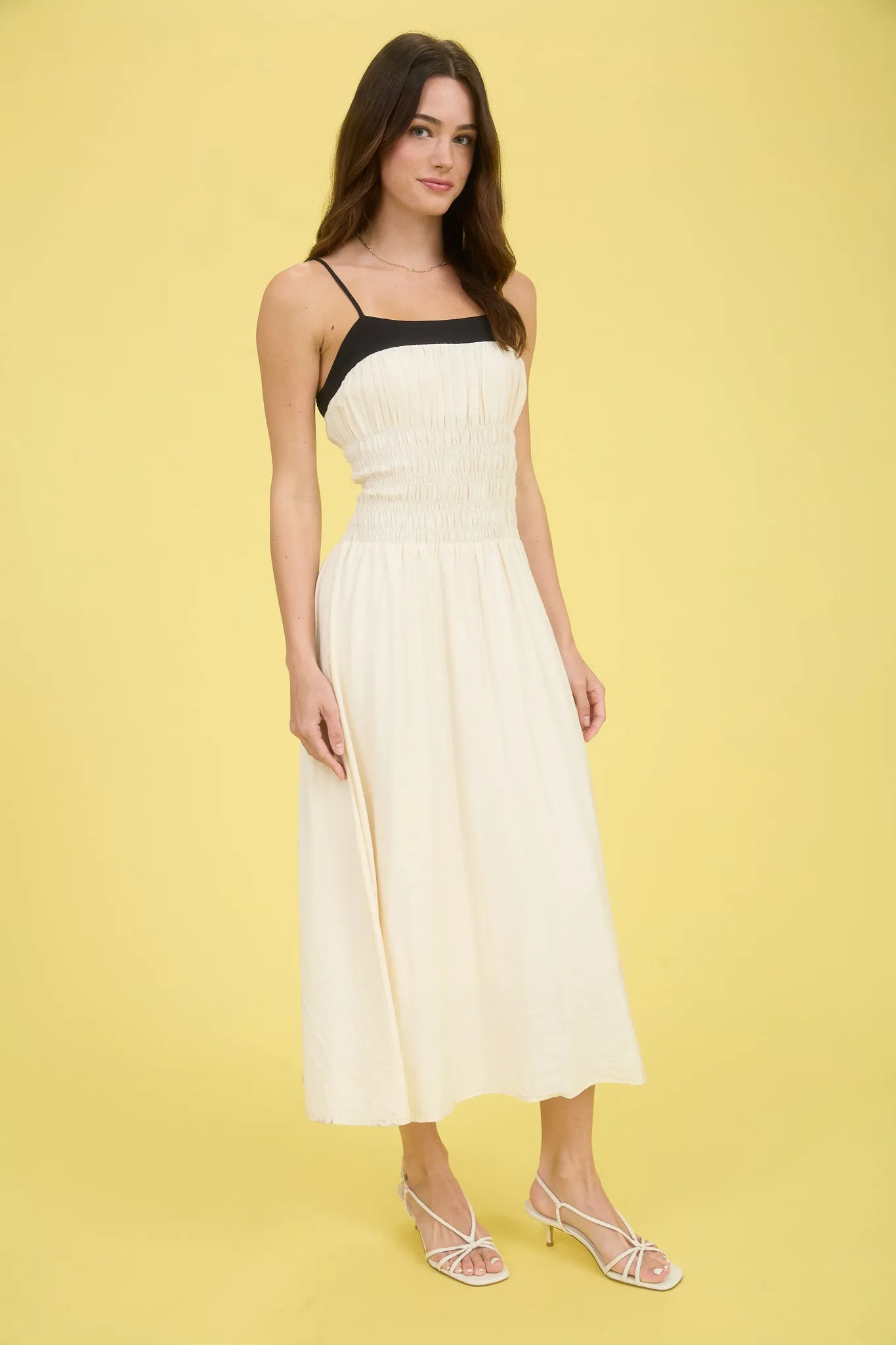 CONTRAST SPAGHETTI STRAP SMOCKED MIDI DRESS sold by Blu Pepper product image thumbnail 3