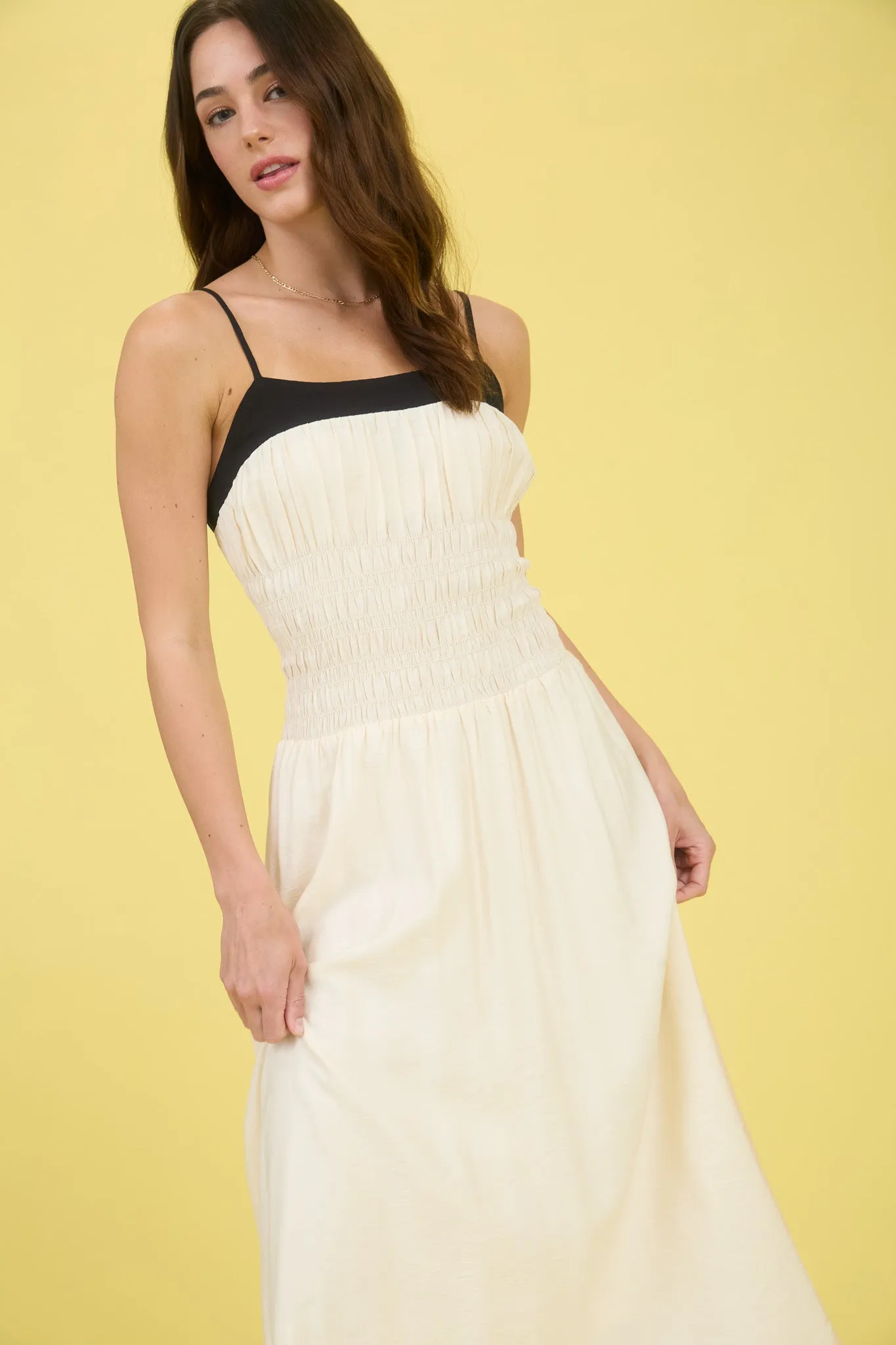 CONTRAST SPAGHETTI STRAP SMOCKED MIDI DRESS sold by Blu Pepper product image thumbnail 4