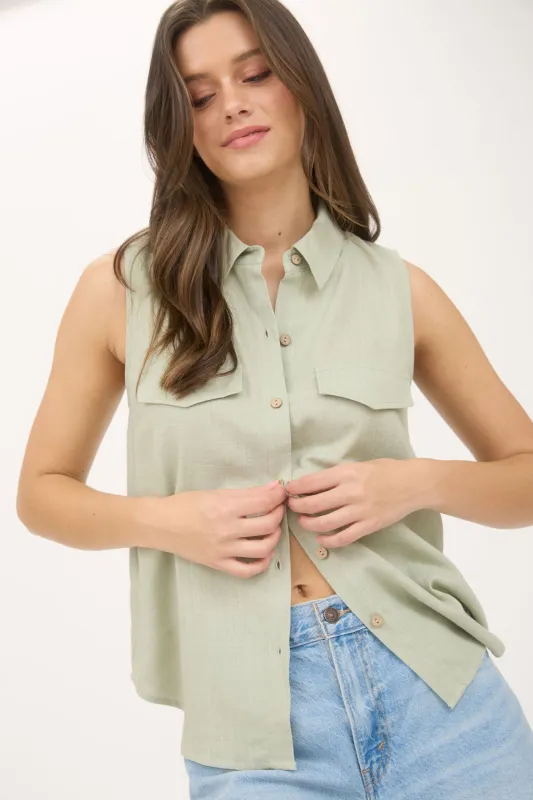 COLLARED BUTTON DOWN SLEEVELESS SHIRT sold by Blu Pepper
