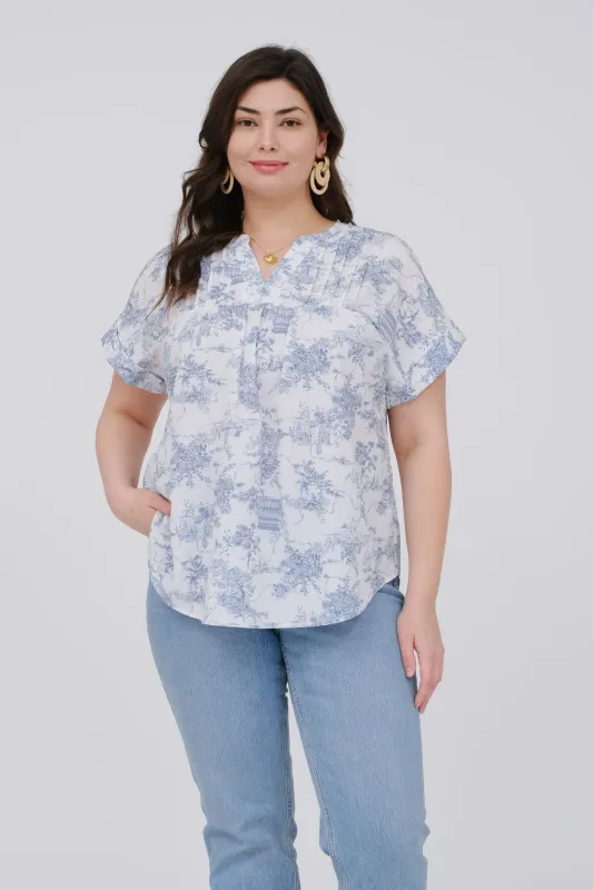 PLUS TOILE PRINT YOKE DETAIL SHORT SLEEVE TOP sold by Blu Pepper
