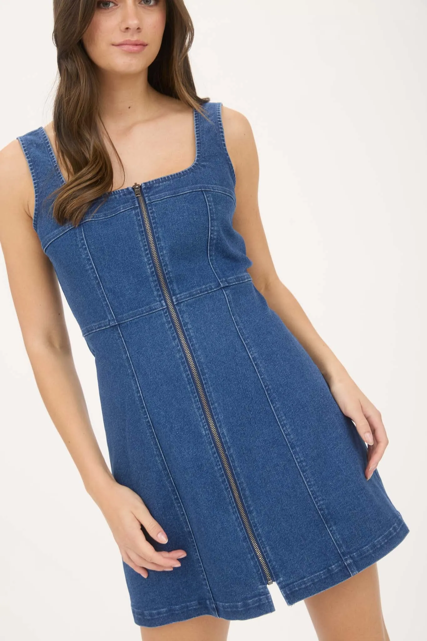 DENIM ZIP UP SLEEVELESS MINI DRESS sold by Blu Pepper product image thumbnail 4