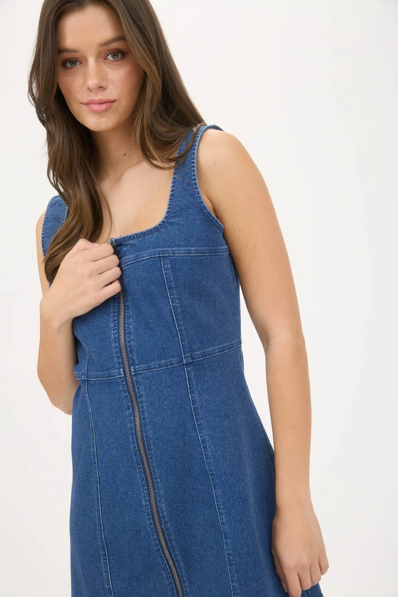 DENIM ZIP UP SLEEVELESS MINI DRESS sold by Blu Pepper product image thumbnail 5