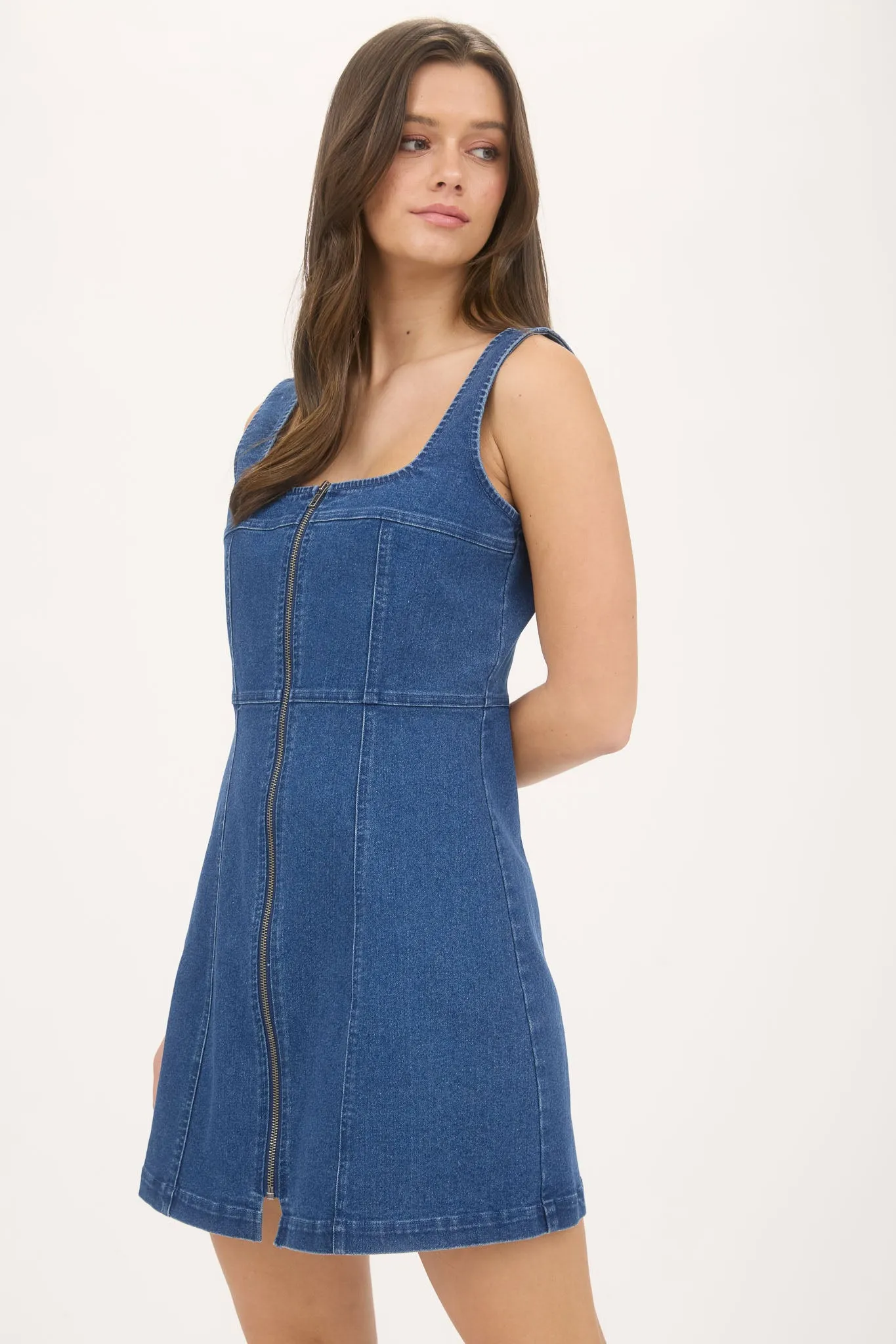 DENIM ZIP UP SLEEVELESS MINI DRESS sold by Blu Pepper product image thumbnail 3