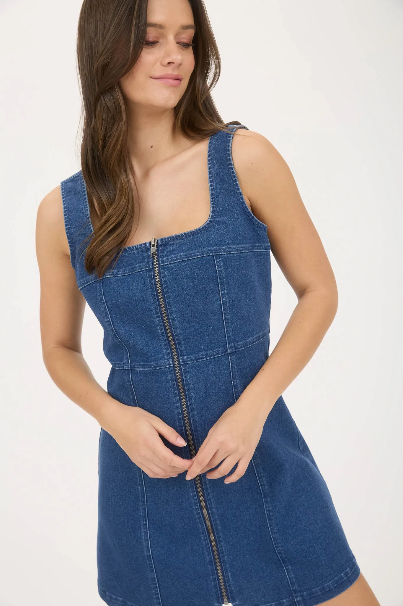 DENIM ZIP UP SLEEVELESS MINI DRESS sold by Blu Pepper