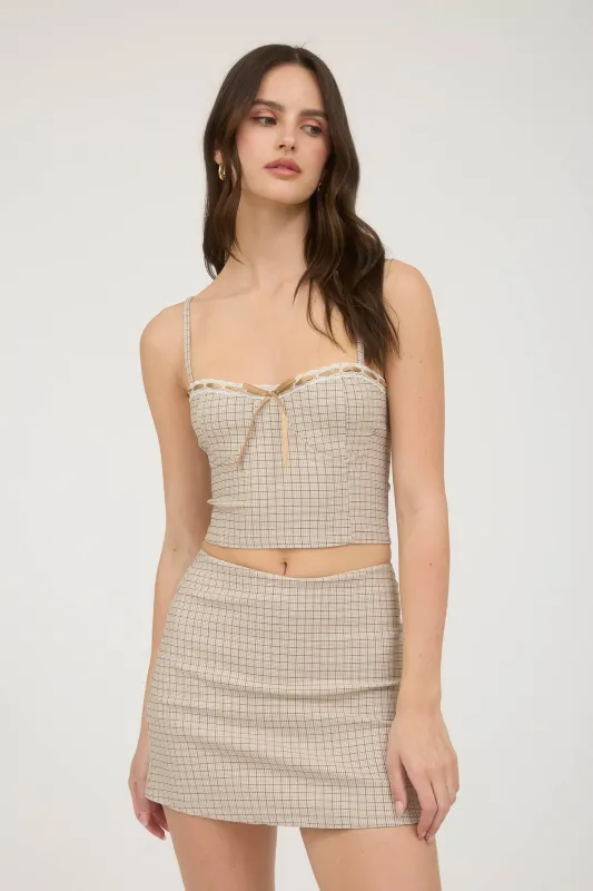 PLAID LACE TRIM FRONT TIE SPAGHETTI STRAP CROP TOP sold by Blu Pepper