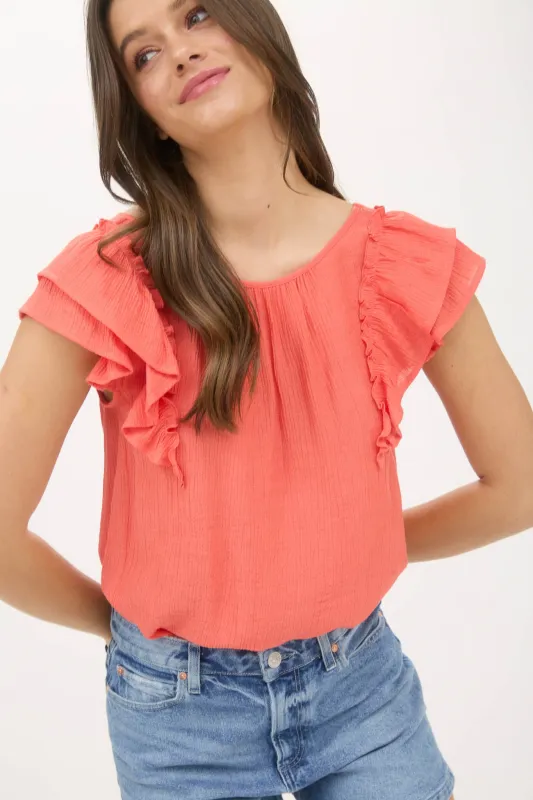 RUFFLE DETAIL BACK BOW DETAIL SHORT SLEEVE TOP sold by Blu Pepper