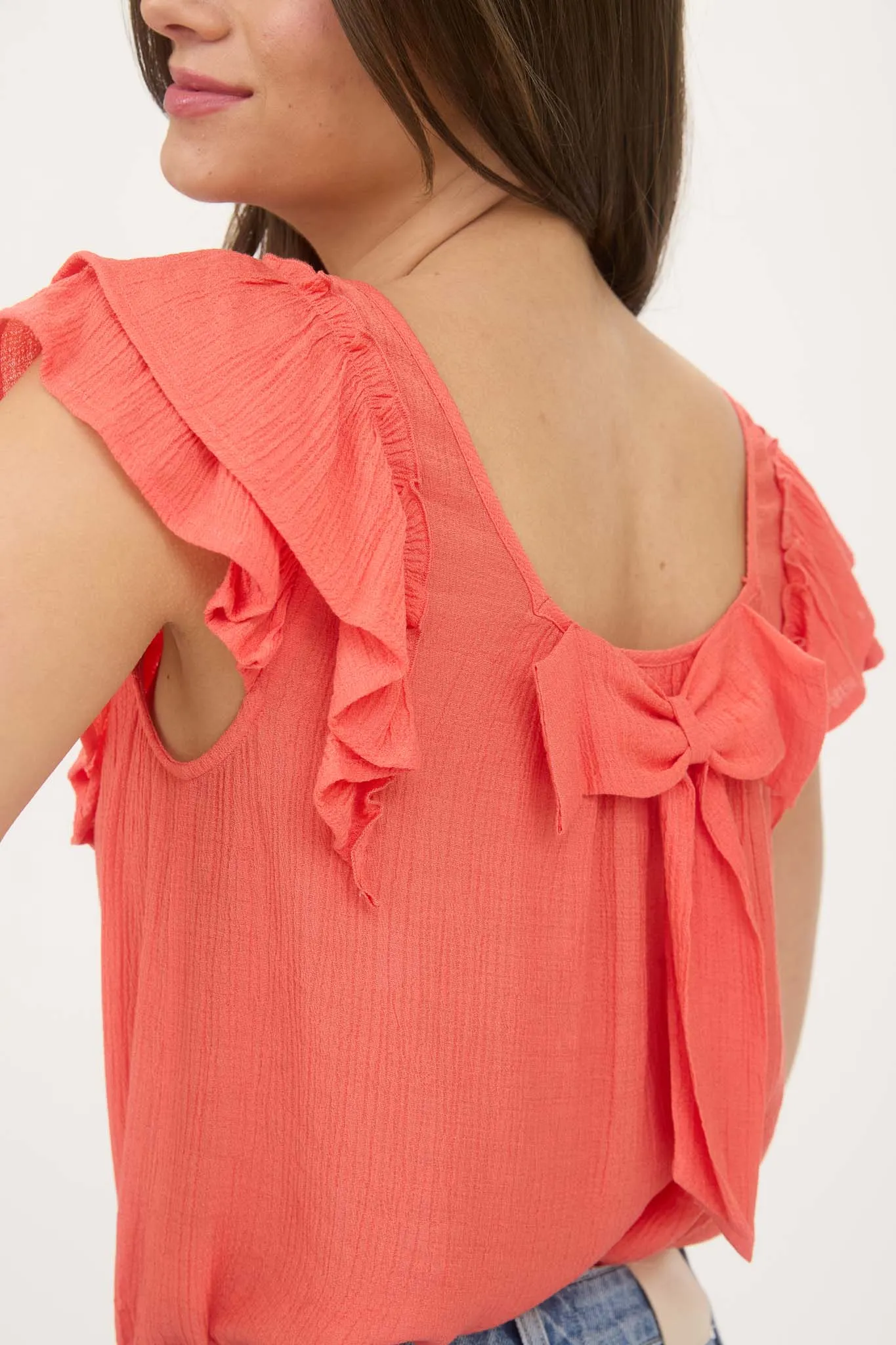 RUFFLE DETAIL BACK BOW DETAIL SHORT SLEEVE TOP sold by Blu Pepper product image thumbnail 3
