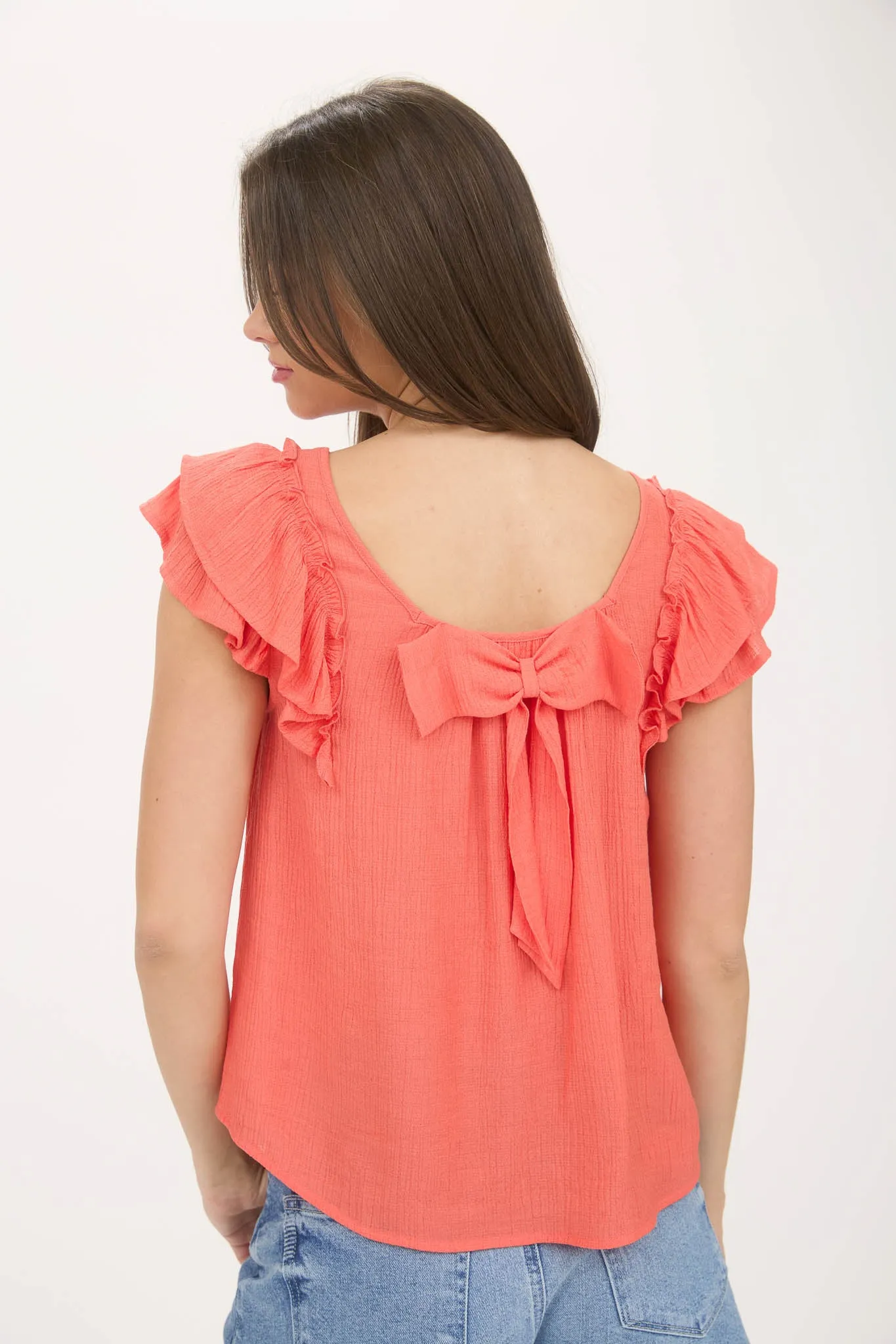 RUFFLE DETAIL BACK BOW DETAIL SHORT SLEEVE TOP sold by Blu Pepper product image thumbnail 2
