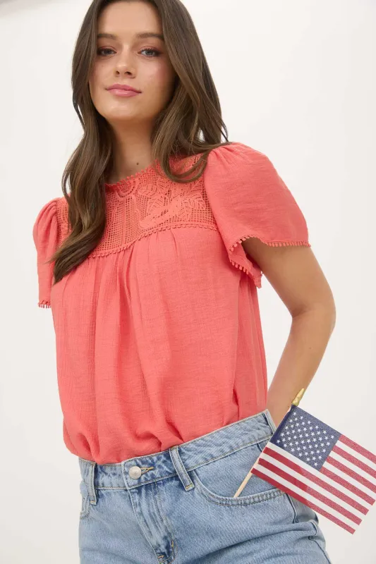 SHEER LACE YOKE SHORT SLEEVE POM POM BLOUSE sold by Blu Pepper