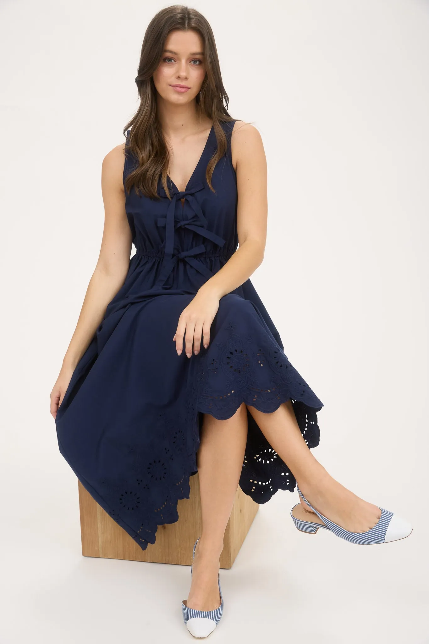 FRONT BOW TIE SLEEVELESS EYELET HEM MIDI DRESS sold by Blu Pepper product image thumbnail 5
